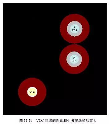 圖11-19 vCC網(wǎng)絡(luò)的焊盤和引腳在選擇后放大