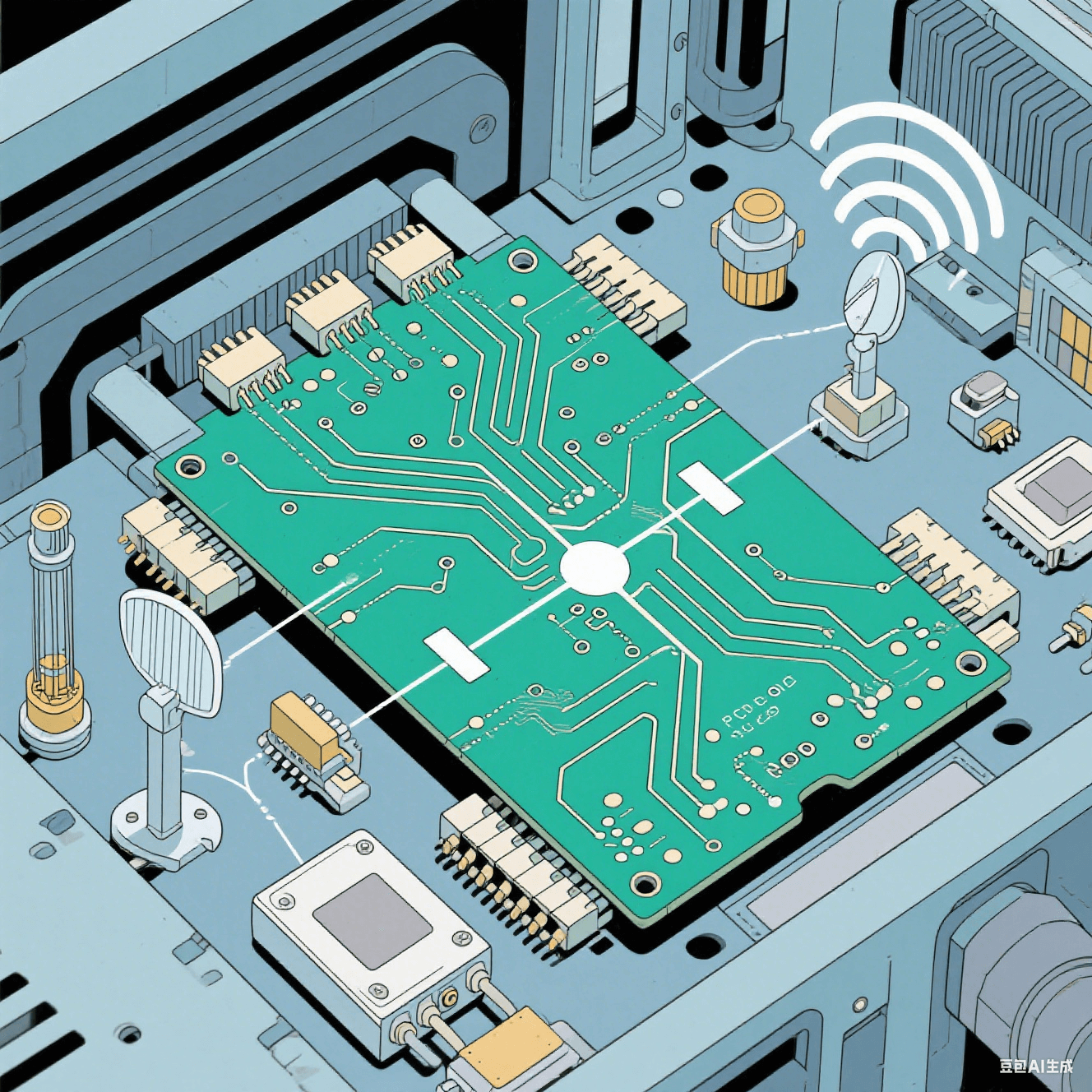 高頻通信設(shè)備中 PCB 陶瓷電路板的工作示意圖，顯示電路板上的高頻信號(hào)傳輸路徑，周圍有微波器件、天線等元件