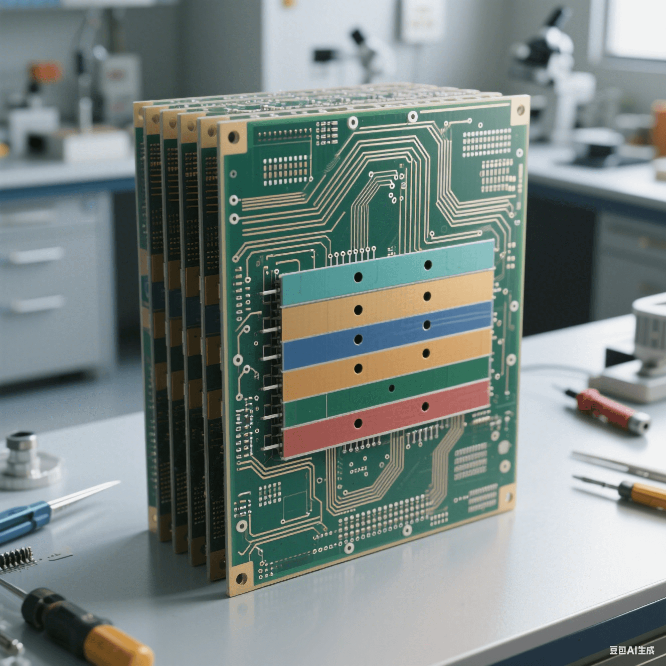 IC 封裝基板多層結(jié)構(gòu)示意圖，展示 3μm 線寬的線路層與絕緣層交替排列，微孔垂直互連設(shè)計(jì)，背景為實(shí)驗(yàn)室操作臺(tái)面。