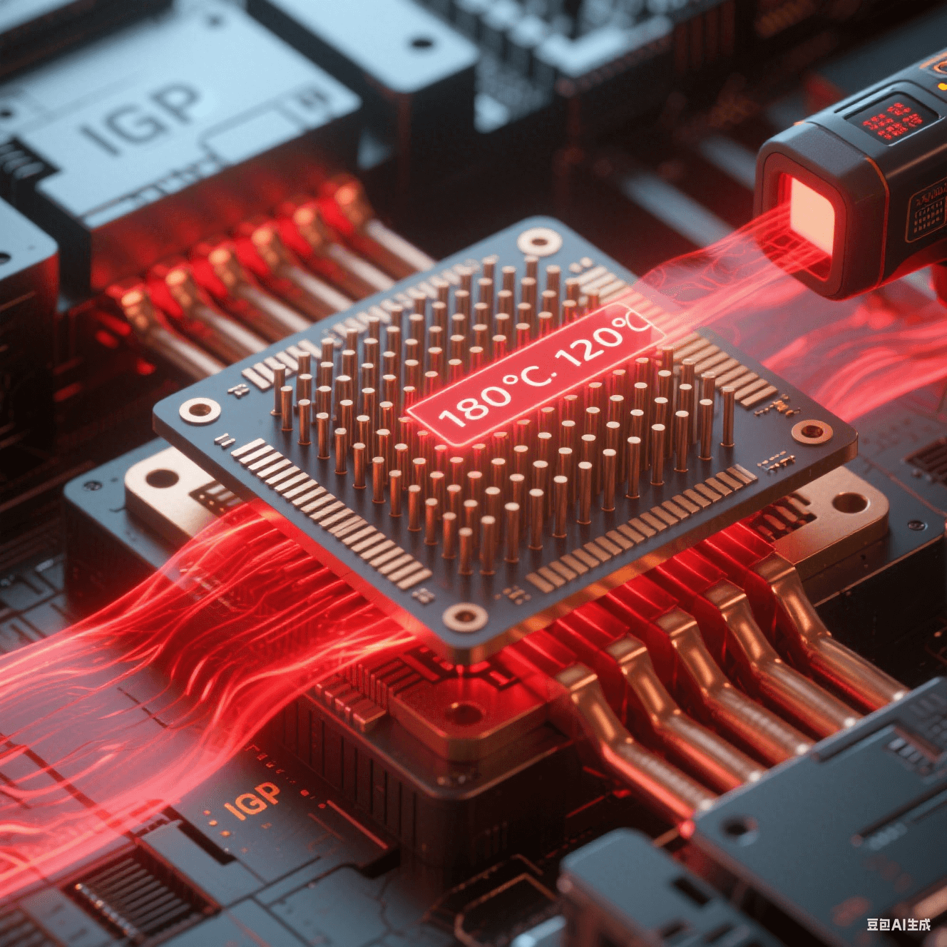 碳化硅微柱陣列嵌入銅熱沉，紅色熱流穿過柱體擴散