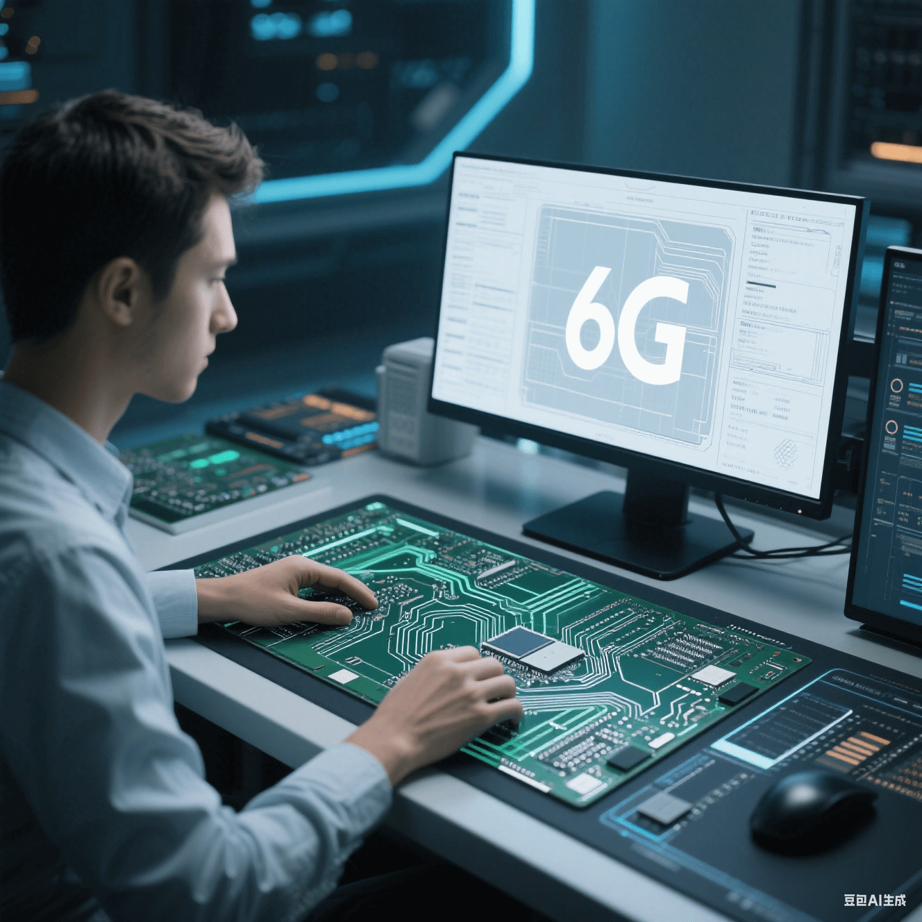 設(shè)計(jì)師使用碳?xì)錁渲透男跃郾矫训鹊蛽p耗基材進(jìn)行 6G 通信高速電路板設(shè)計(jì)，在電腦前進(jìn)行線路布局