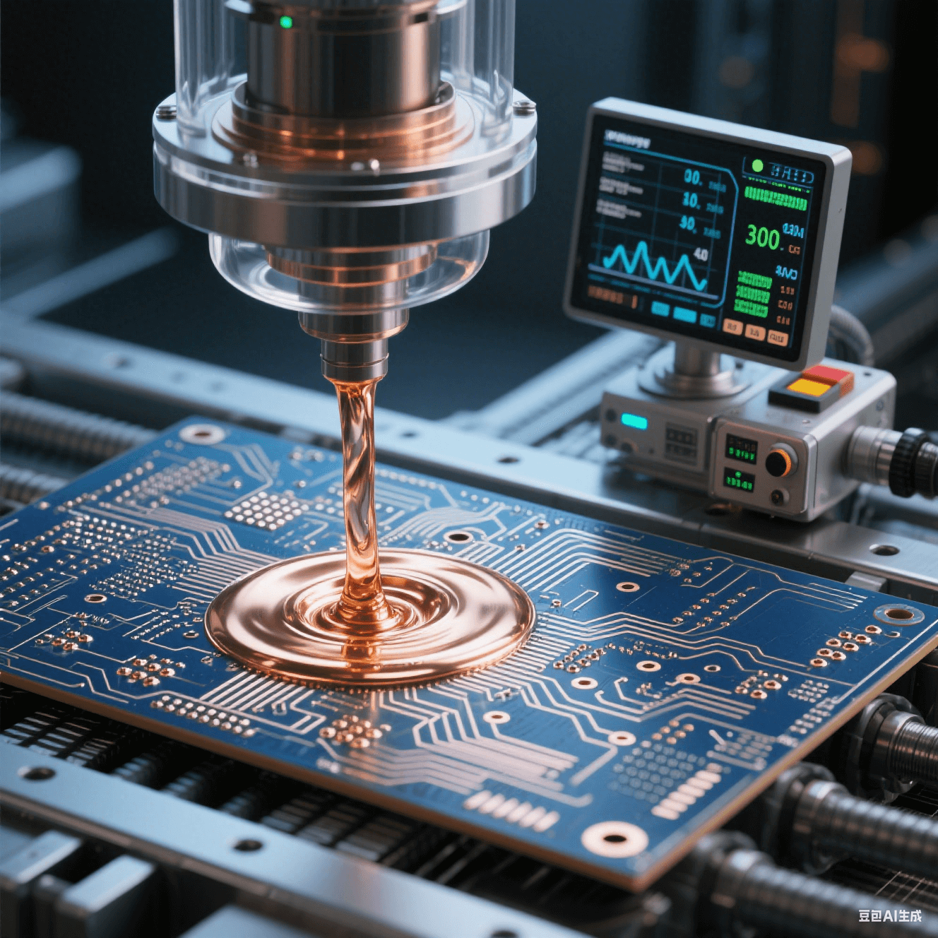 量子計算高速電路板使用真空填銅工藝，銅液在真空中填充微孔，旁邊監(jiān)控設(shè)備顯示參數(shù)
