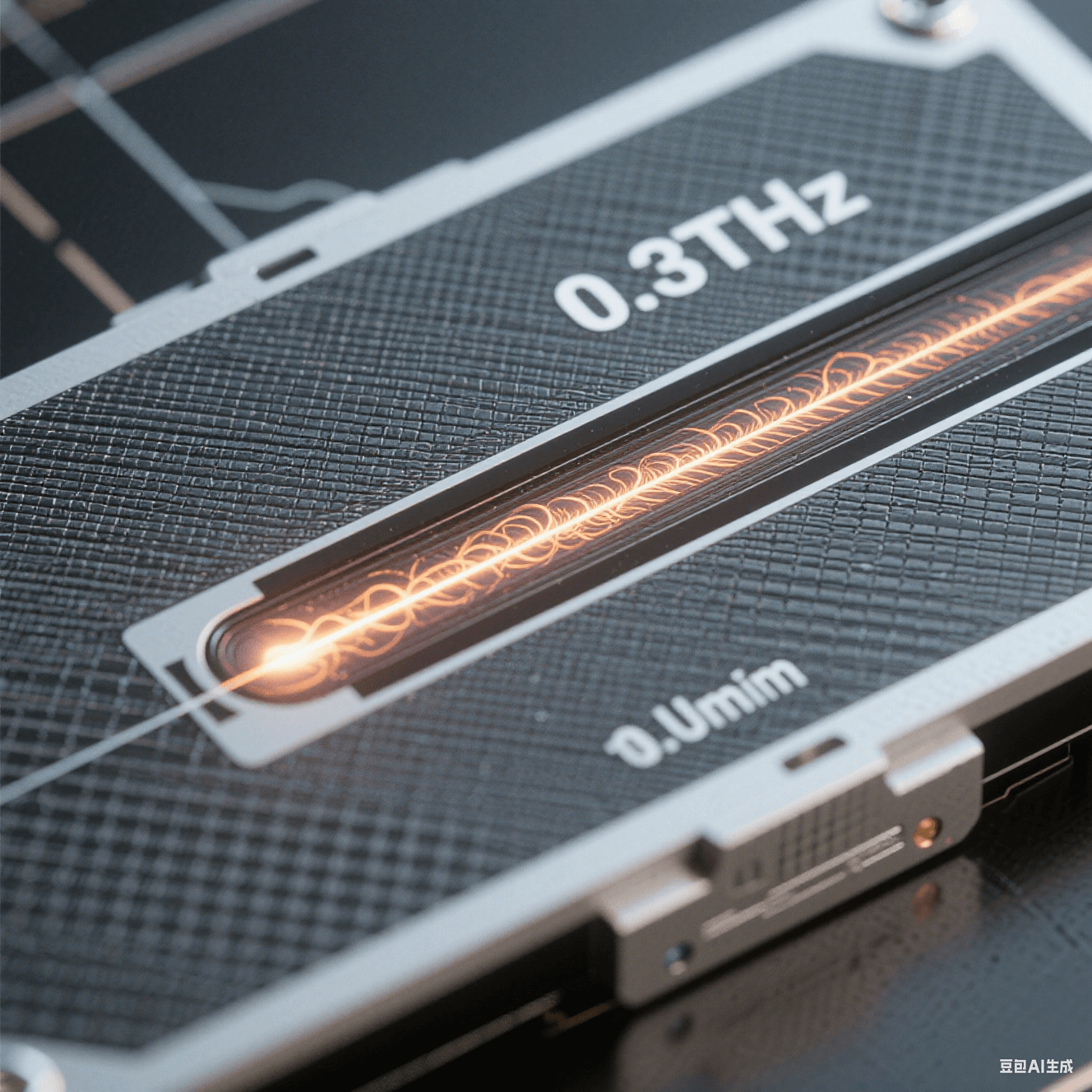 納米級(jí)太赫茲波導(dǎo)：石墨烯基板刻蝕1μm導(dǎo)波槽，電磁粒子流沿槽道傳輸，背景頻率標(biāo)注0.3THz