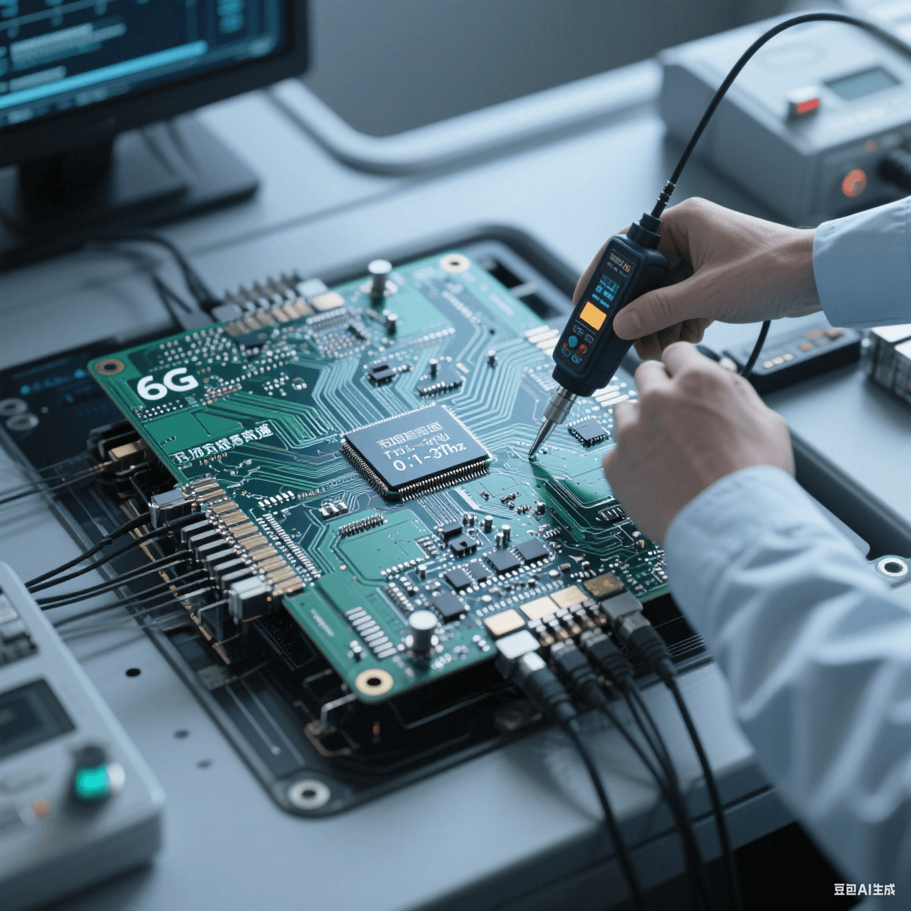 6G 通信高速電路板在太赫茲頻段（0.1 - 3THz）測(cè)試環(huán)境，工程師用儀器檢測(cè)阻抗控制和串?dāng)_抑制情況