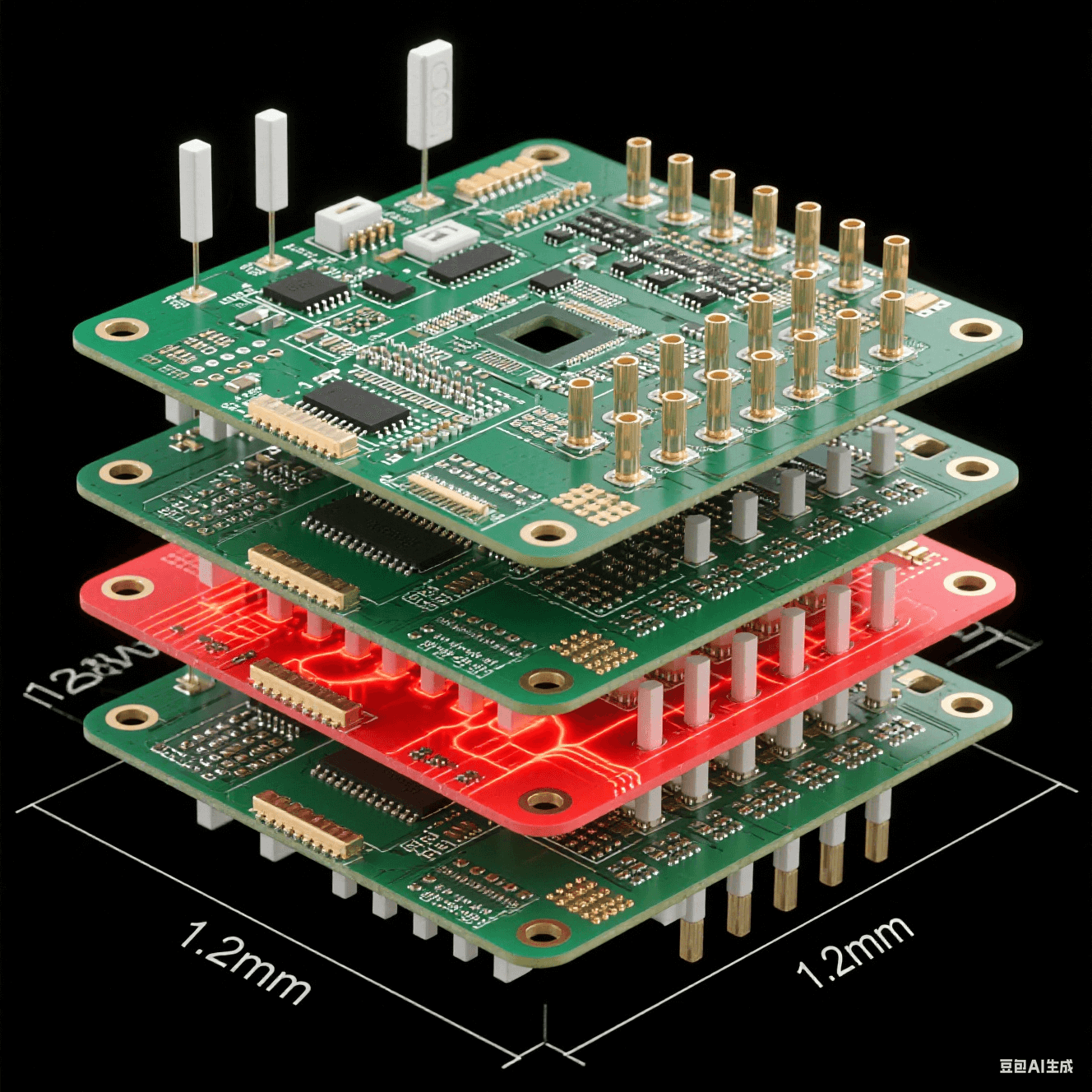 128通道天線板爆炸視圖：射頻層/電源層/信號(hào)層堆疊結(jié)構(gòu)，熱通孔陣列散發(fā)紅色熱流