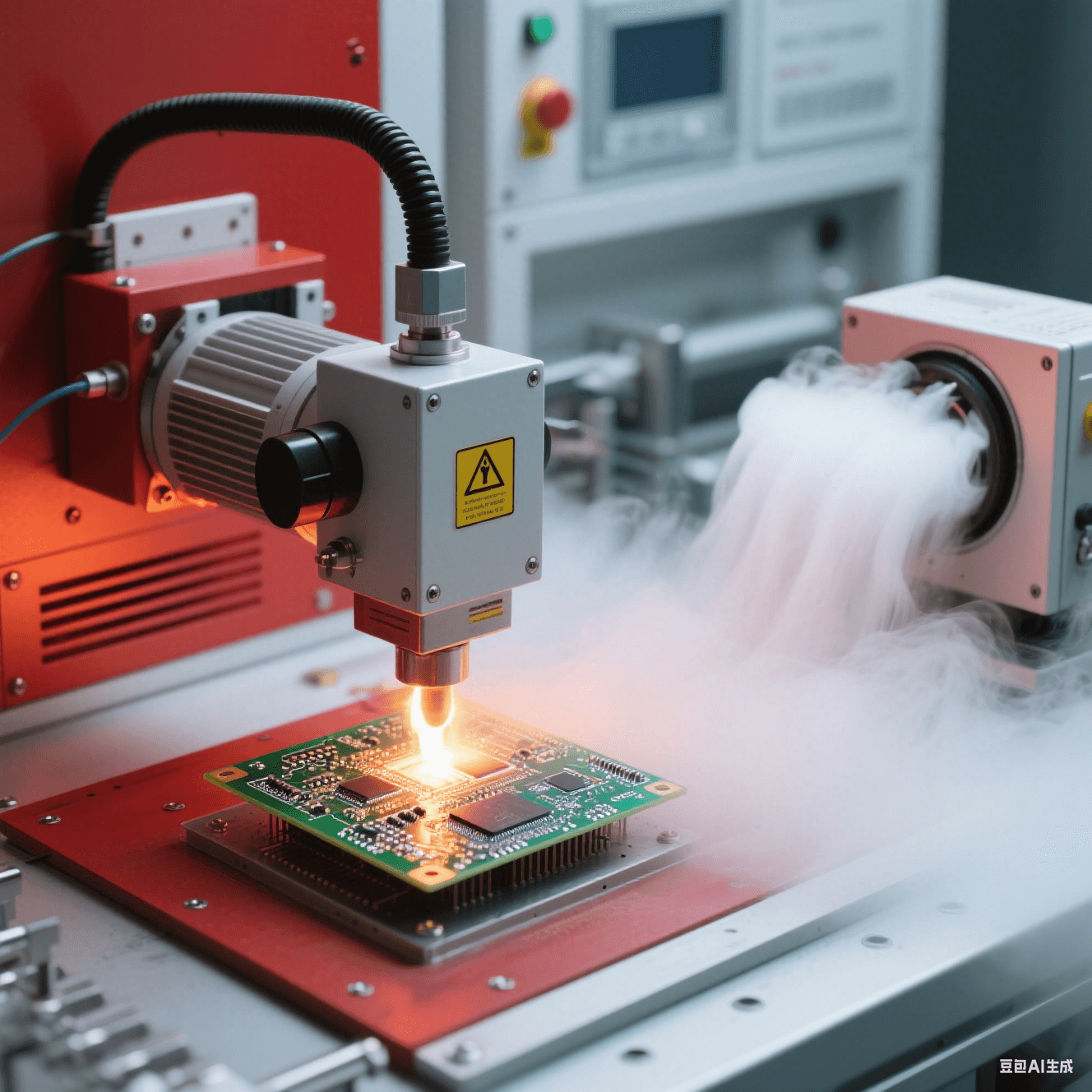 高溫測試實驗室中加熱設(shè)備對 PCB 板進行測試，冷卻裝置散發(fā)白色霧氣