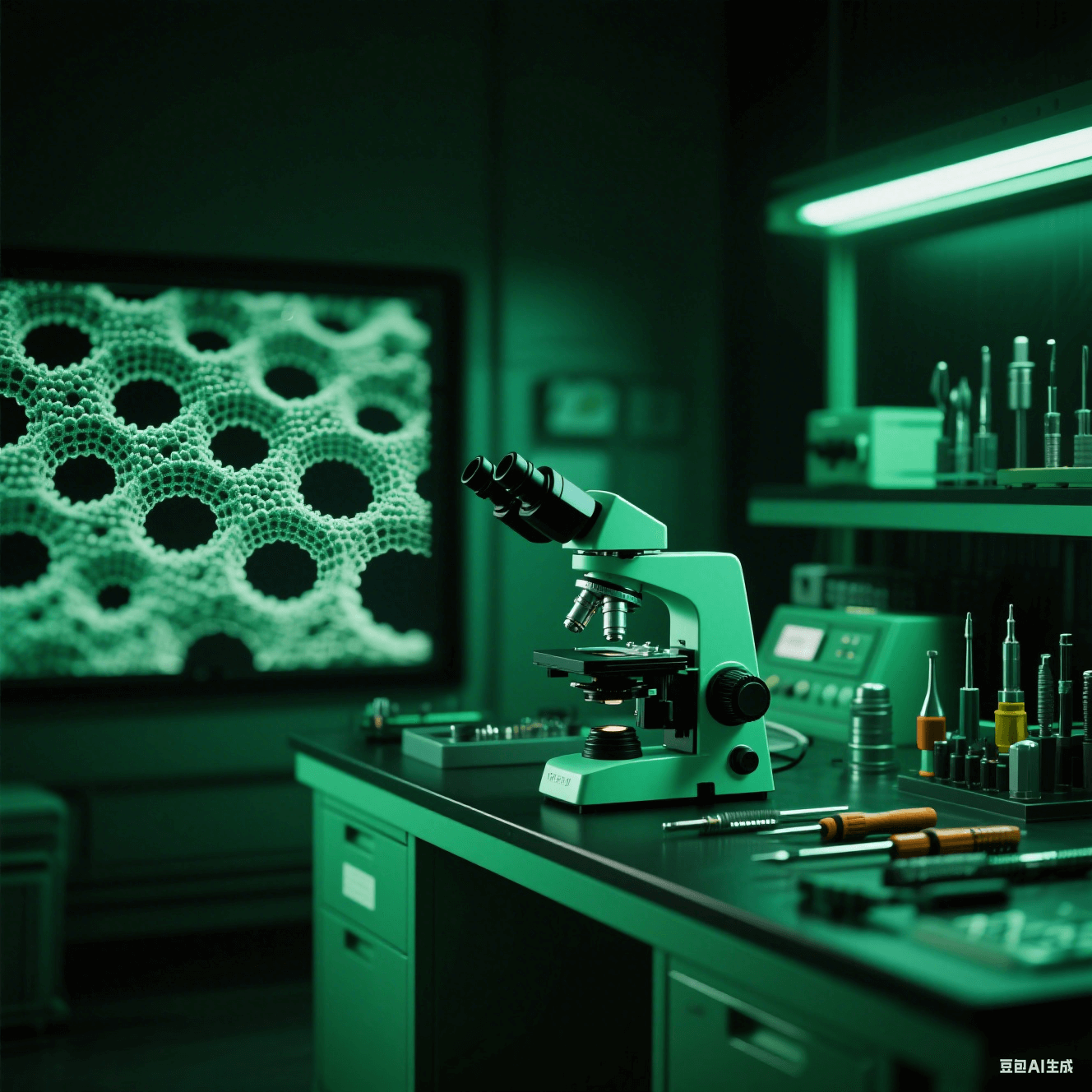 納米級(jí)加工技術(shù)實(shí)驗(yàn)室中電子顯微鏡顯示納米微孔結(jié)構(gòu)，操作臺(tái)擺放納米加工工具