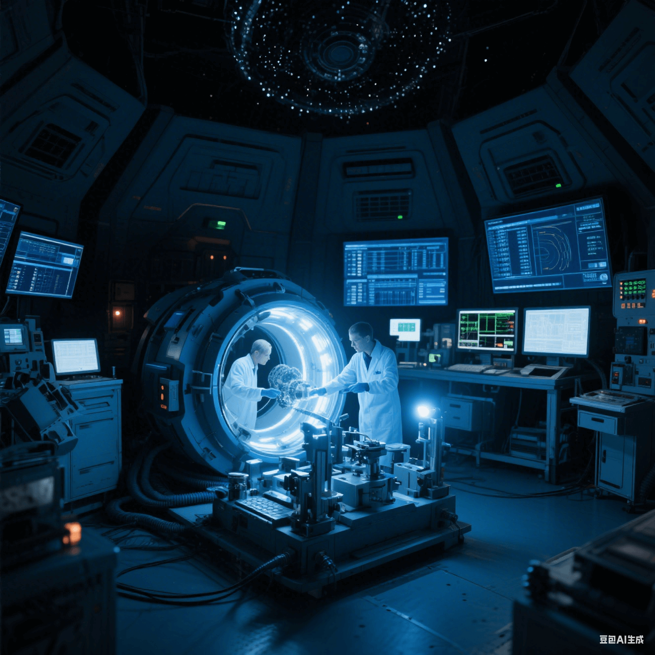 太空環(huán)境模擬實(shí)驗(yàn)室中科研人員模擬微重力下的微孔加工，實(shí)驗(yàn)艙燈光閃爍