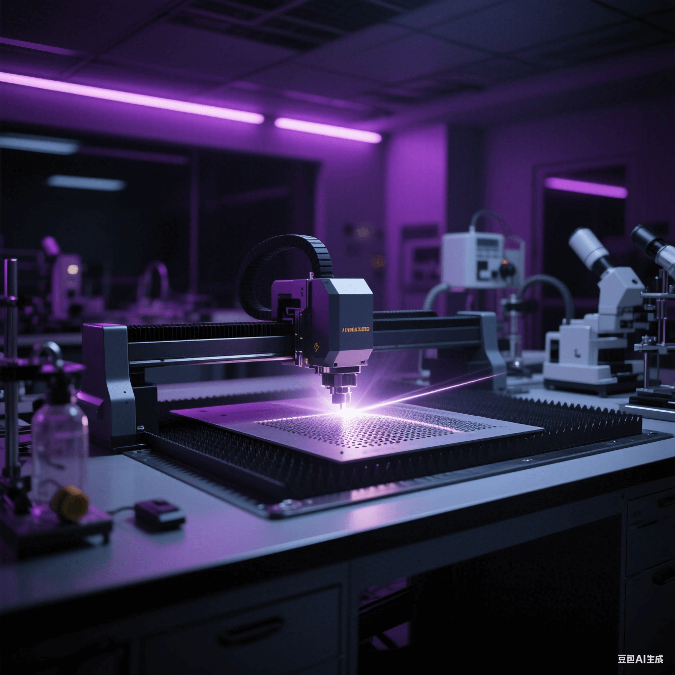 材料實(shí)驗(yàn)室中激光切割設(shè)備對(duì)新型微孔加工材料進(jìn)行切割，切割光線照亮實(shí)驗(yàn)室