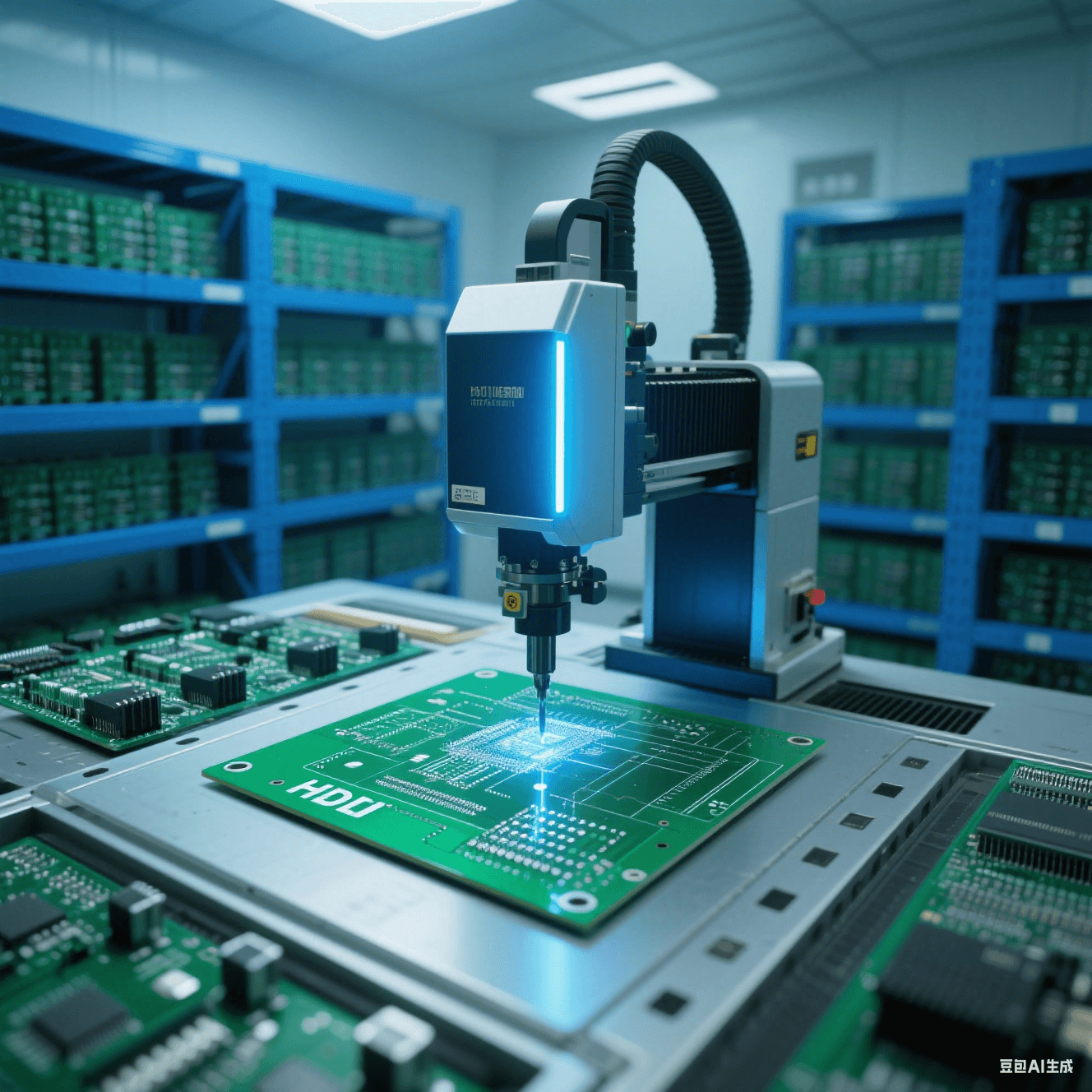 無塵車間內(nèi)先進的激光鉆孔機正對綠色 HDI 板進行高精度鉆孔，機器發(fā)出藍色光束，周圍是整齊的電子元件貨架