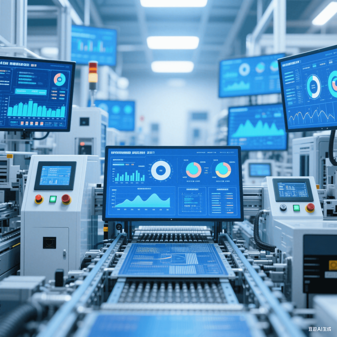 智能化 PCB 加工廠內(nèi)自動(dòng)化生產(chǎn)線根據(jù)大數(shù)據(jù)調(diào)整參數(shù)，設(shè)備顯示屏顯示生產(chǎn)數(shù)據(jù)圖表