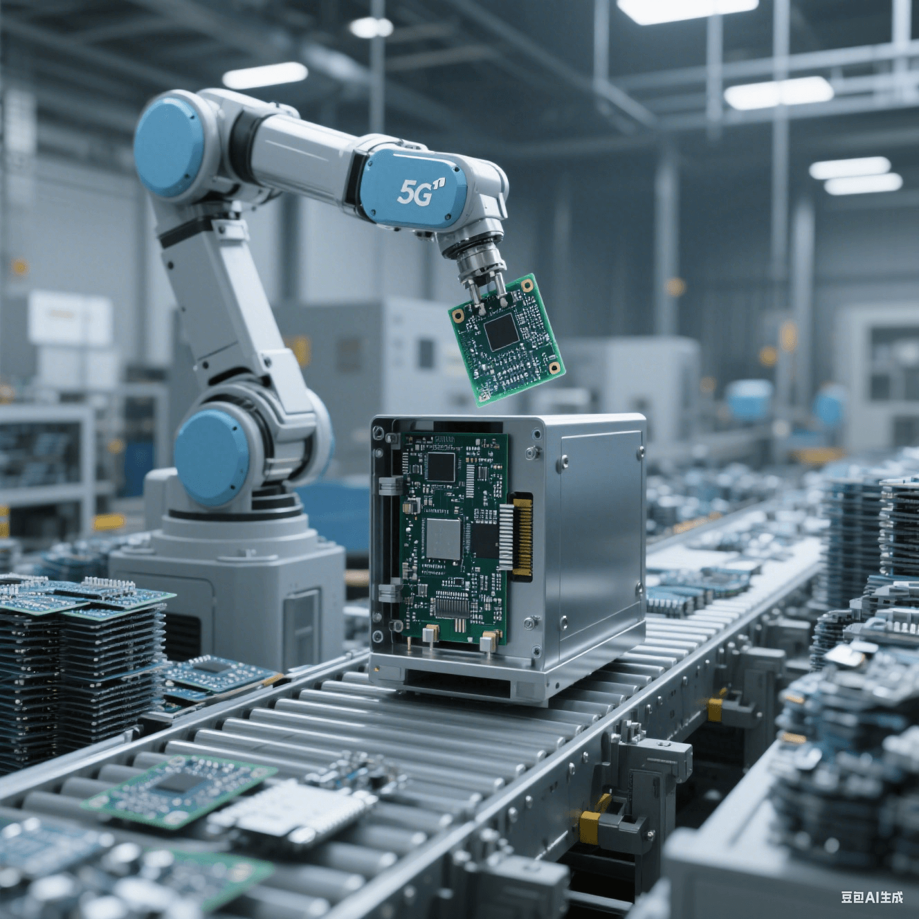5G 基站組裝車間內(nèi)機械臂將 PCB 板安裝至金屬外殼，傳送帶堆放待組裝零件