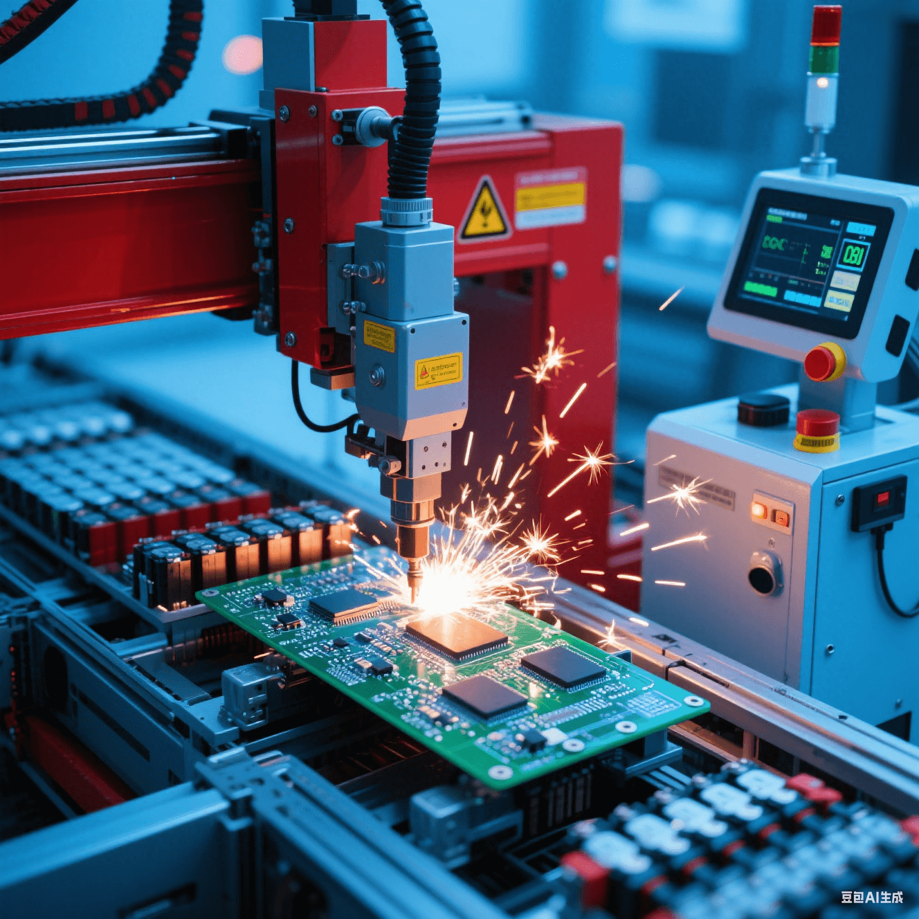 新能源汽車電池生產(chǎn)線中自動化設備焊接 BMS 板，焊接火花閃爍，旁側(cè)檢測設備監(jiān)控質(zhì)量