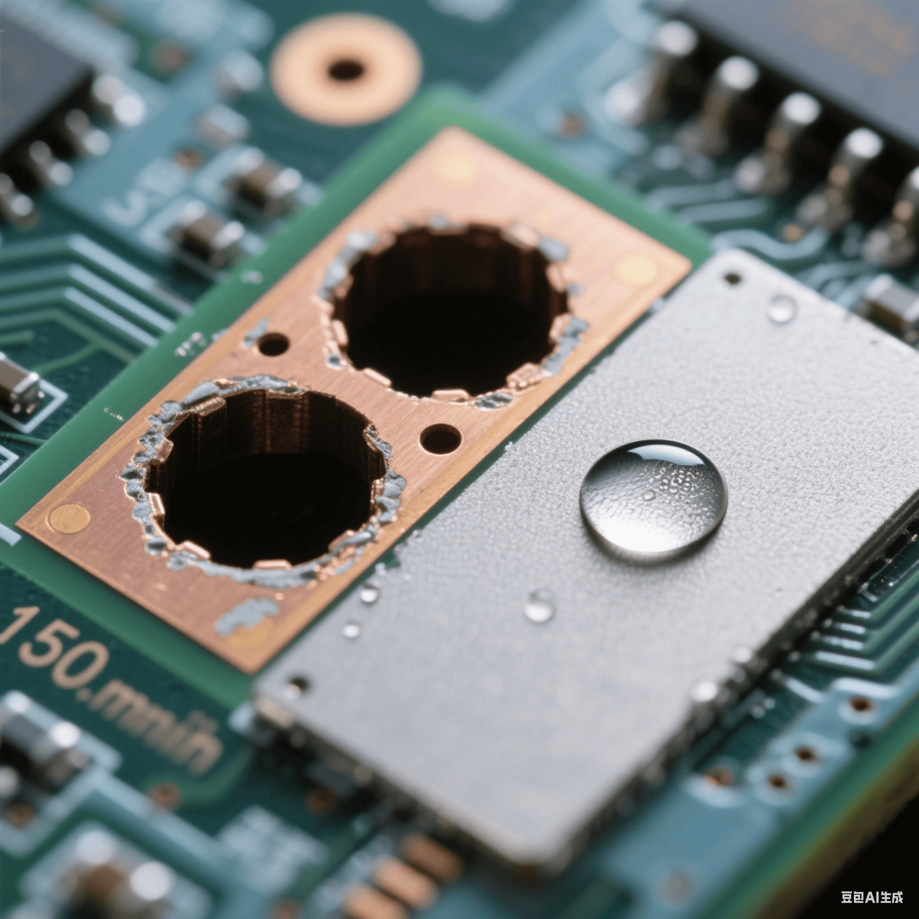 150μm 微孔橫截面顯微攝影：左側孔壁殘留環(huán)氧樹脂暗斑，右側清潔后呈現(xiàn)均勻磨砂微蝕表面，對比 85° 水滴與 30° 鋪展水膜的接觸角差異，電路板背景景深虛化