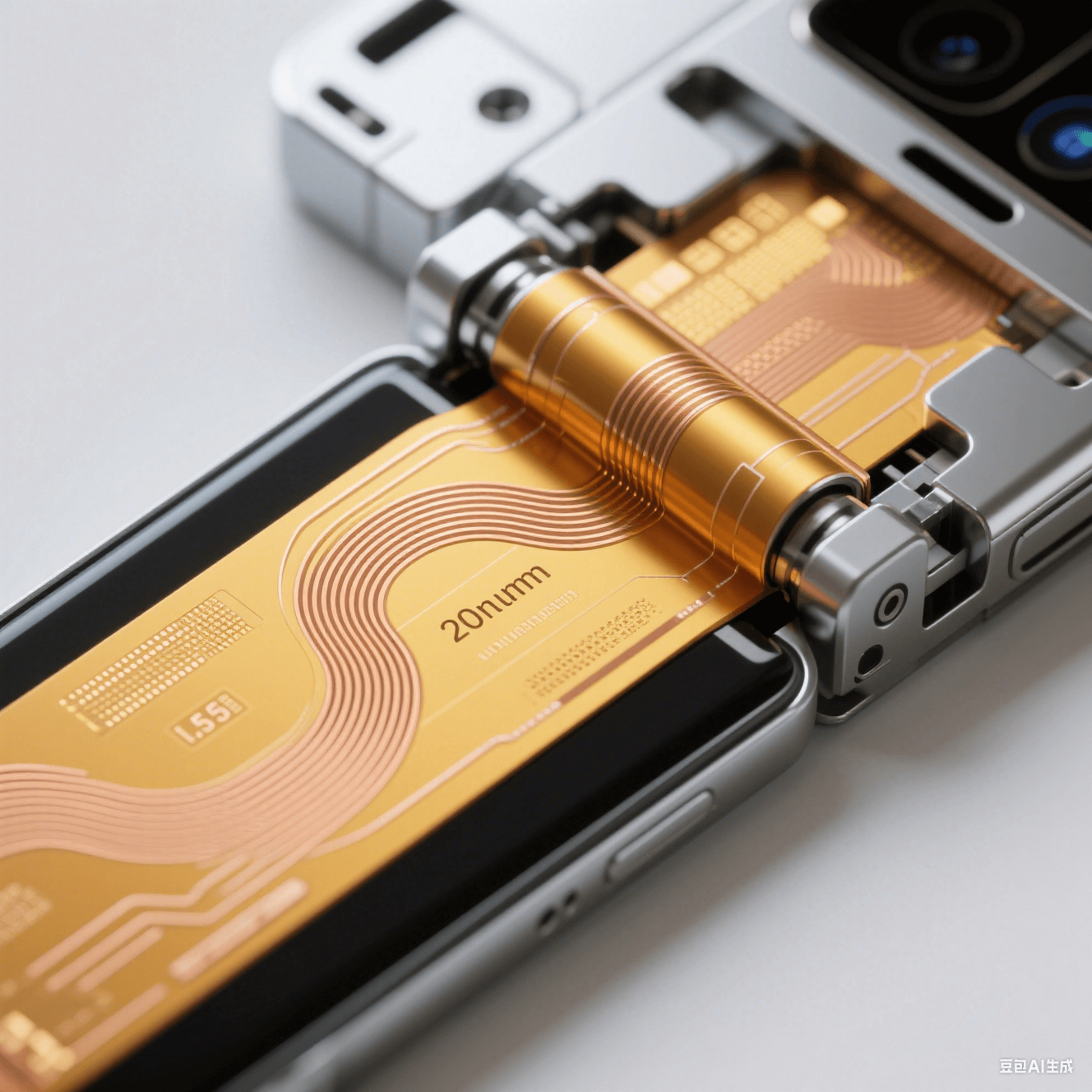 折疊屏手機(jī)鉸鏈內(nèi)部結(jié)構(gòu)特寫：25μm 聚酰亞胺柔性板實(shí)現(xiàn) 0.5mm 彎曲半徑與納米壓印應(yīng)力釋放技術(shù)