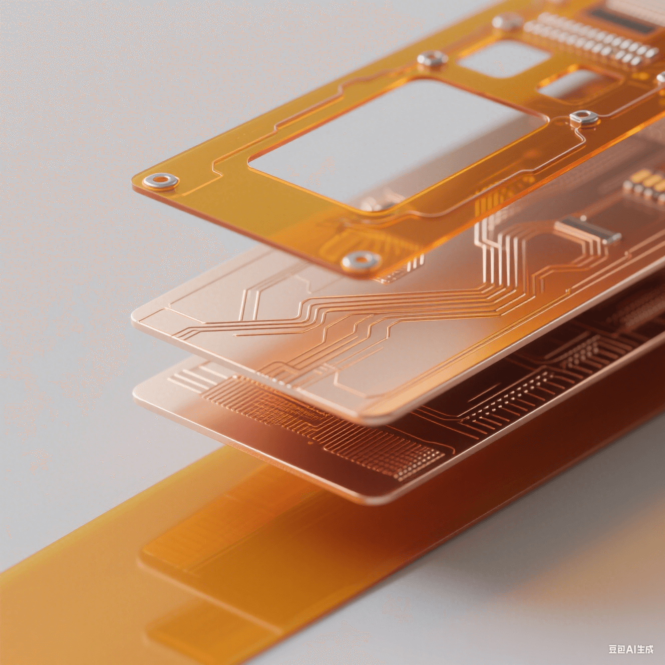 聚酰亞胺柔性板(PI FPC)核心結(jié)構(gòu)分解圖：展示PI基材、銅線路層與PI覆蓋膜