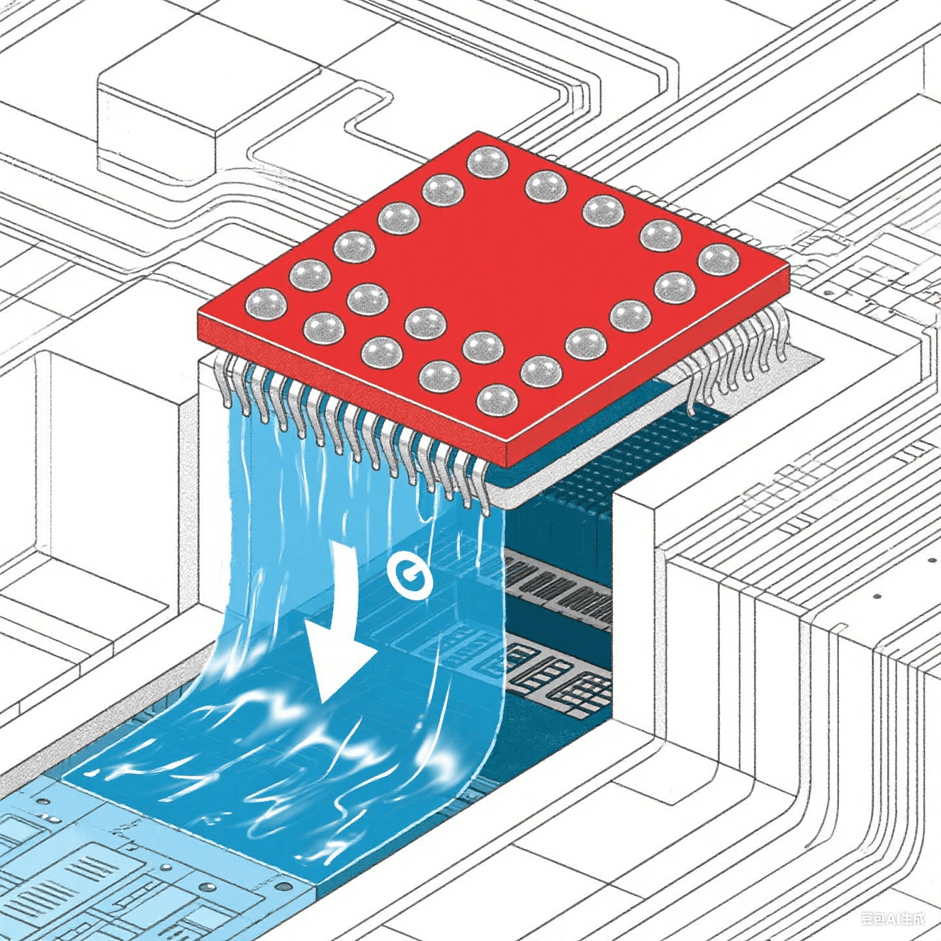 BGA封裝散熱原理：芯片核心紅色高溫區(qū)經(jīng)焊球陣列傳導(dǎo)至藍(lán)色低溫基板，箭頭指示15℃溫降，液態(tài)金屬在基板層流動(dòng)
