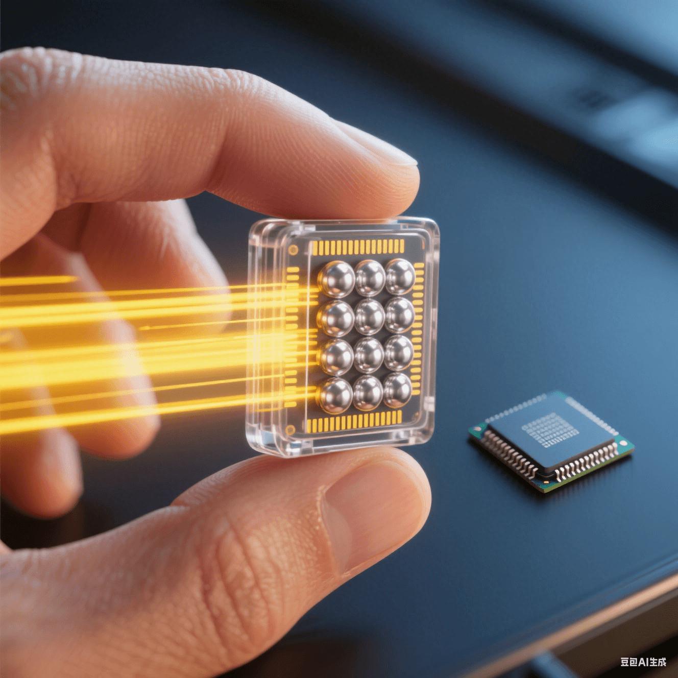 微型存儲(chǔ)芯片應(yīng)用：人手捏持透明封裝的BGA芯片，顯露內(nèi)部焊球陣列，黃色光束象征高速數(shù)據(jù)傳輸，與傳統(tǒng)芯片尺寸對(duì)比