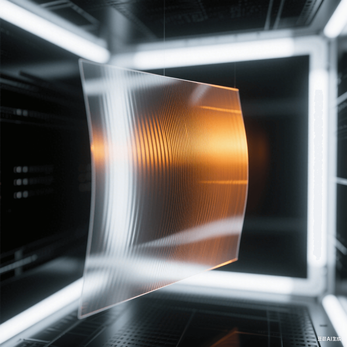 透明PI膜懸浮于冷白光真空腔，150℃/250℃溫階折射出橙/金雙色干涉條紋，殘余應(yīng)力消散軌跡具象化為偏振光柵變形