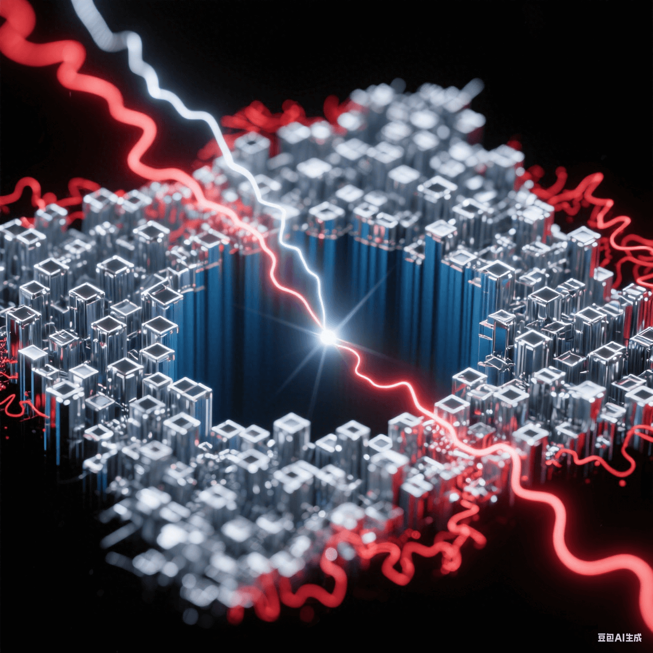 銀色正向電流束在深藍(lán)孔底構(gòu)建致密晶體矩陣，紅色反向電流波紋溶解邊緣毛刺，金屬離子流呈現(xiàn)粒子軌跡追蹤特效