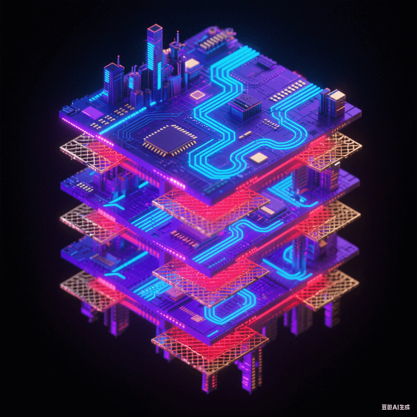 霓虹藍(lán)紫光效的8層電路板爆炸視圖：信號層蛇形走線發(fā)藍(lán)光，電源層泛紅光，接地層呈金網(wǎng)，各層懸浮排列如未來城市