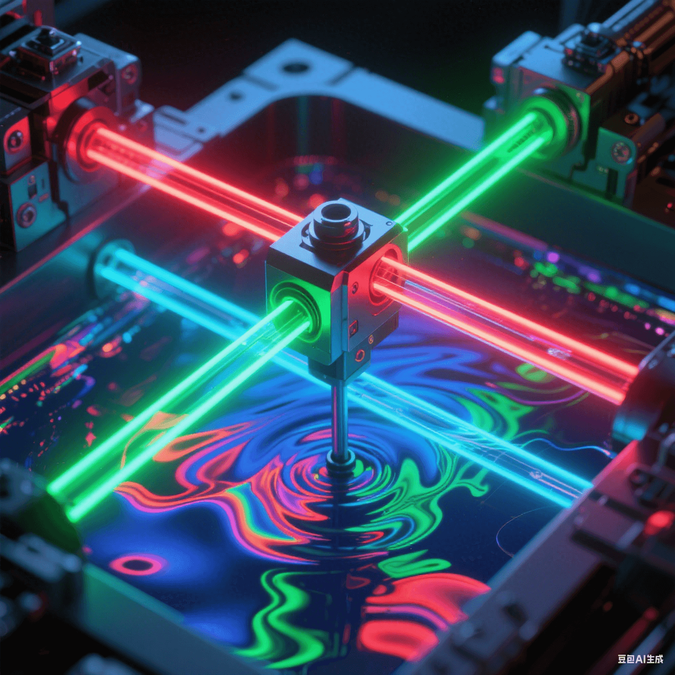 紅/綠/藍(lán)三色光軌沿XYZ軸規(guī)律脈動(dòng)，電解液在透明電鍍槽內(nèi)形成非牛頓流體波紋，濃度梯度折射虹彩光暈