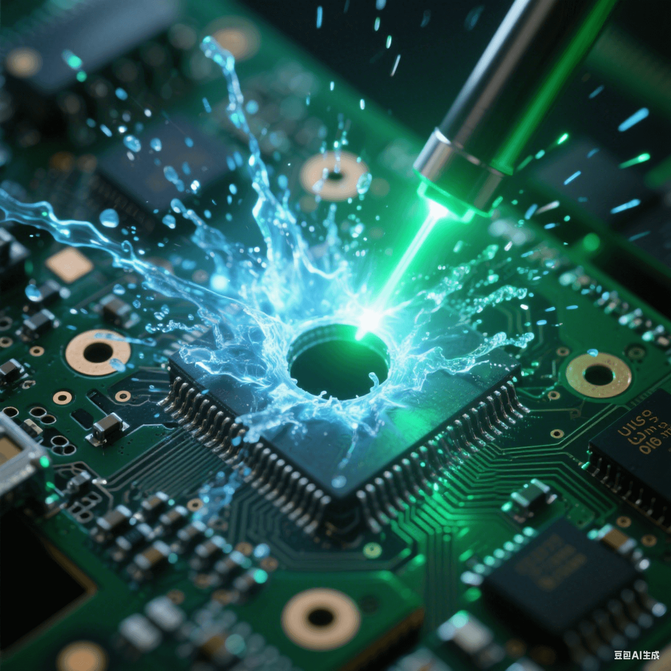 532nm綠激光脈沖穿透電路板瞬間，等離子體藍(lán)光從0.1mm孔內(nèi)爆發(fā)，熱影響區(qū)控制在3μm內(nèi)的冰凍特效