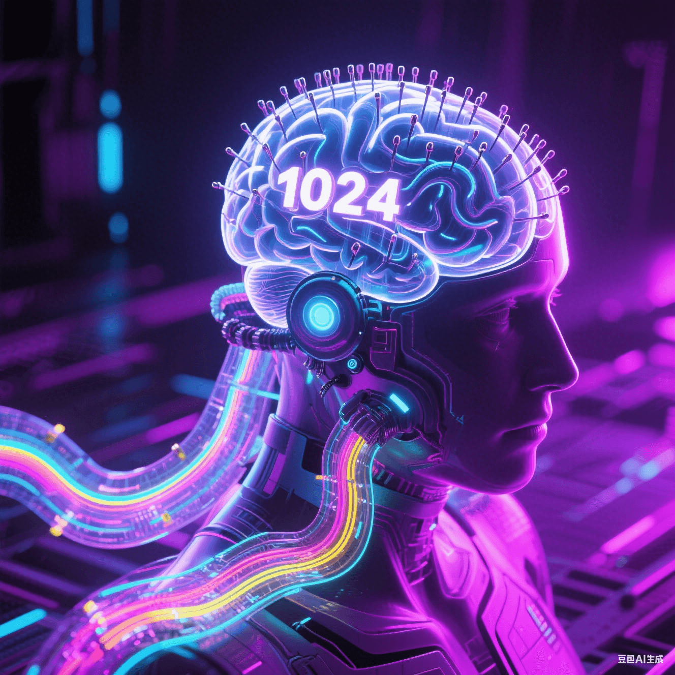 1024通道柔性電極陣列植入透明腦模型，思維脈沖化作彩色光波沿透明電路傳遞，賽博朋克紫調(diào)光影