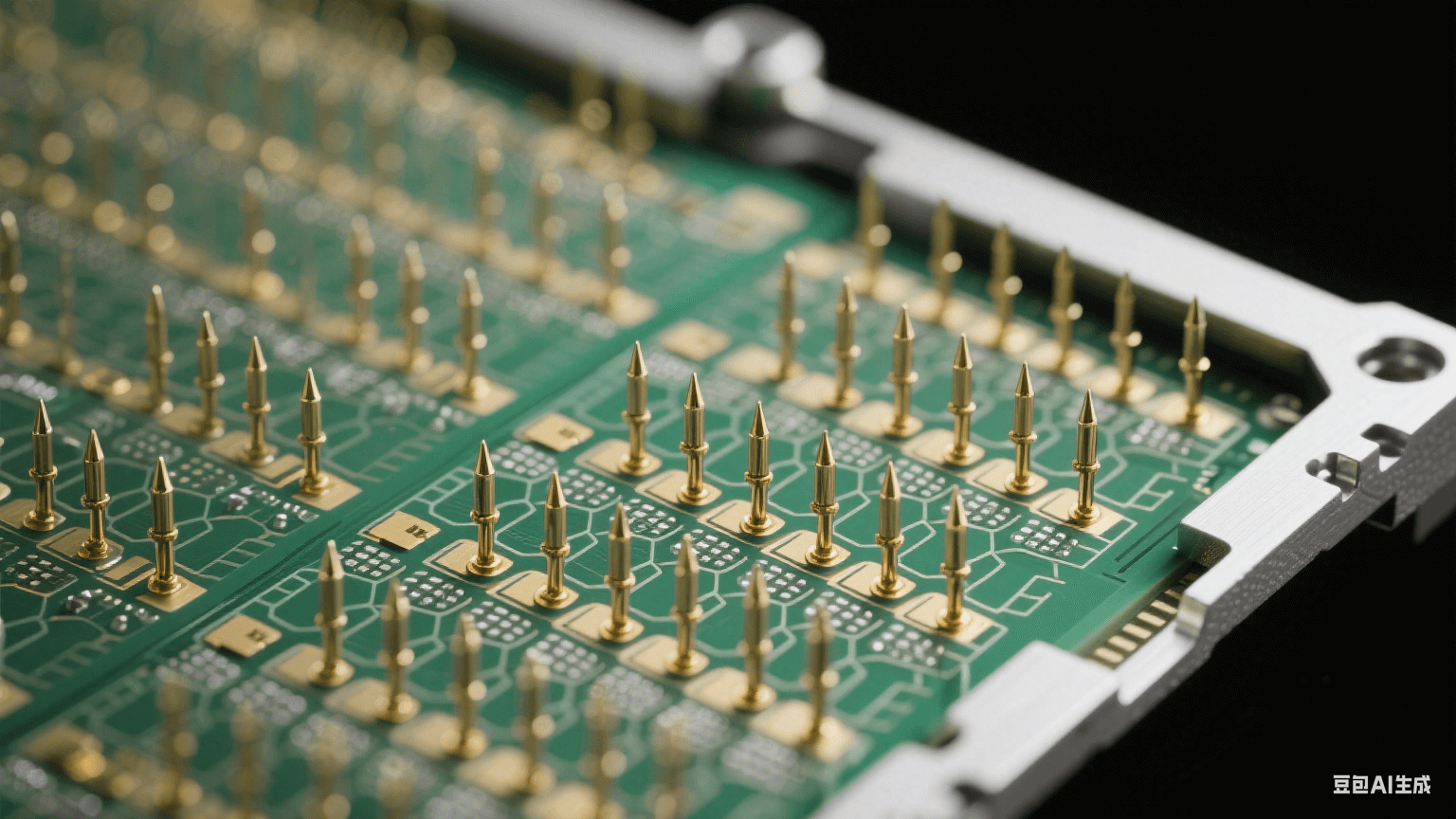 晶圓探針卡顯微結構：殷鋼框架蜂窩陣列探針，3μm鍍金針尖以8-12gf接觸力壓接30μm焊盤，聚酰亞胺應力緩沖層釋放機械應力，翠綠色EMI屏蔽網(wǎng)隔離信號通道