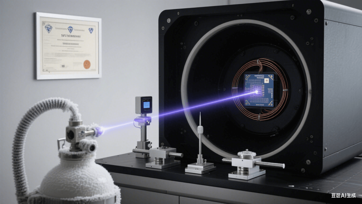 超導量子測試系統(tǒng)：液氦杜瓦瓶連接真空腔，超導線圈激發(fā)量子比特糾纏光軌，納米位移臺探針掃描芯片信號