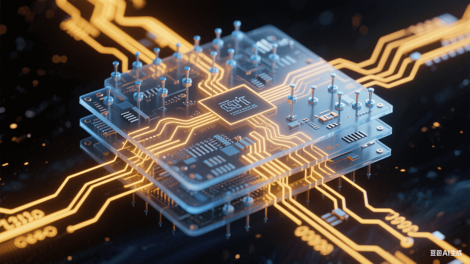 多層電路板信號傳輸系統(tǒng)：0.05mm線寬金色電路通道中脈沖電流流動，冰藍色探針陣列精準接觸納米焊盤，-40℃至125℃溫標環(huán)包裹的極端環(huán)境測試場景