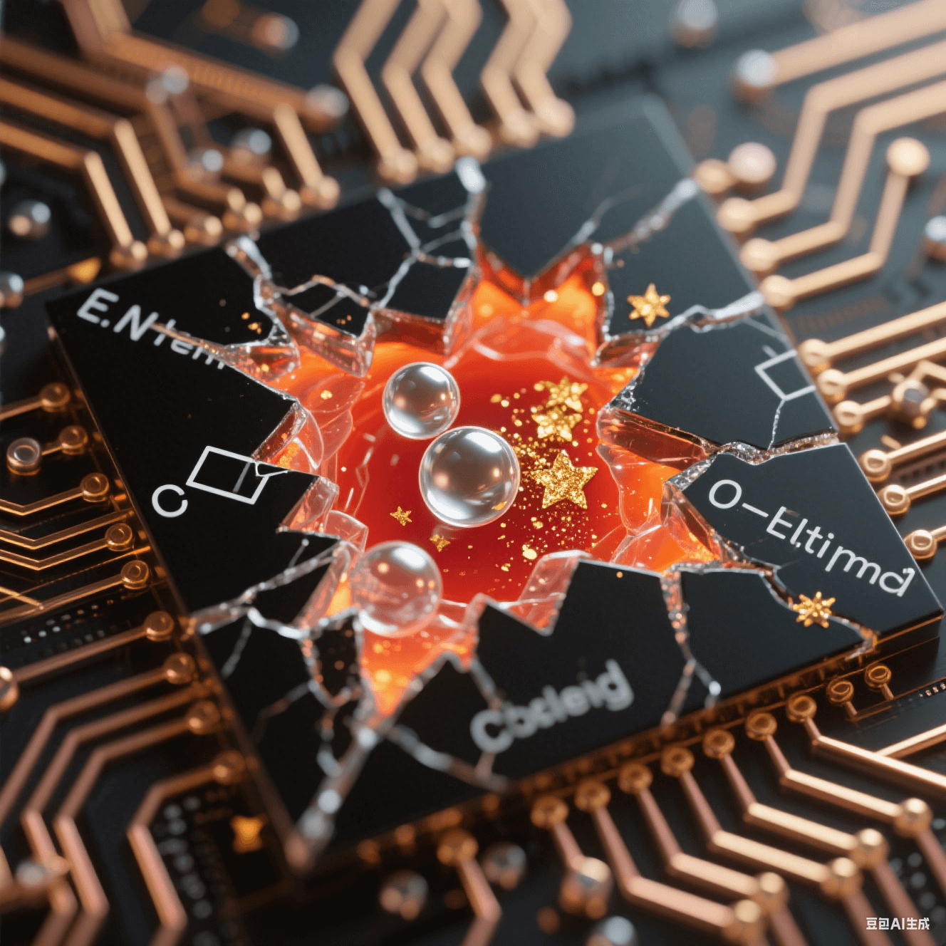 黑色電路裂紋中透明微膠囊破裂釋放液態(tài)銀球與金粉，橙紅聚合光暈沿銅網(wǎng)格擴(kuò)散