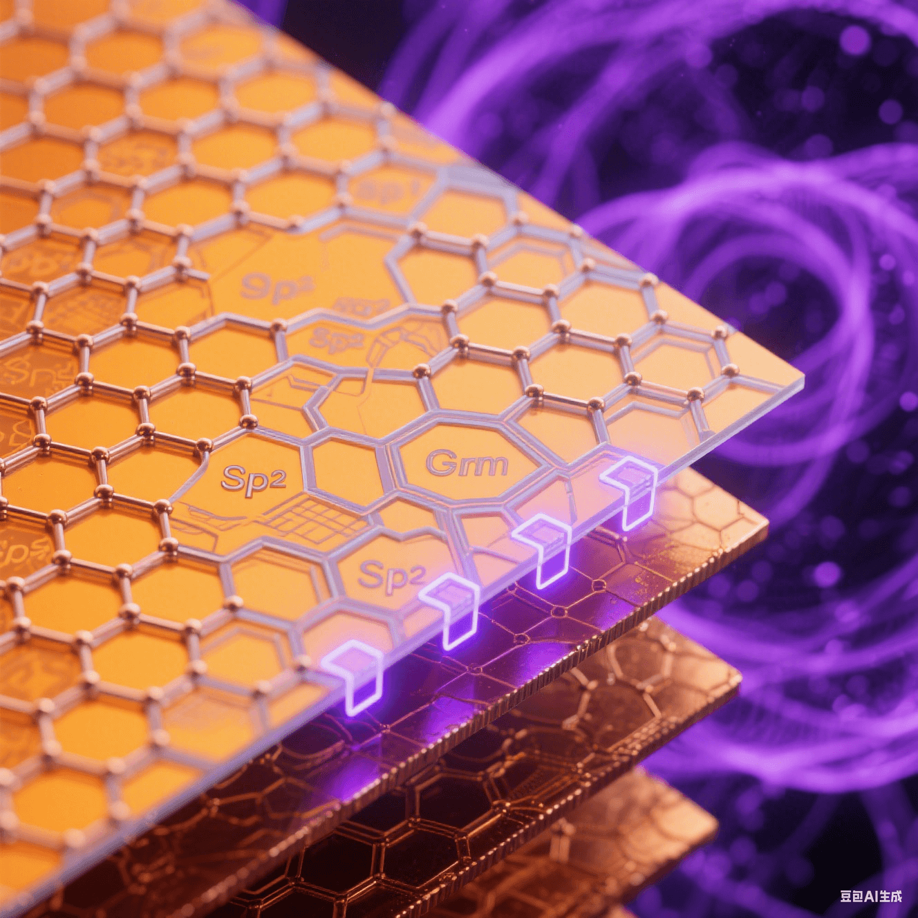 透射電鏡風(fēng)格界面層：橙黃銅晶格表面覆蓋碳六邊形網(wǎng)絡(luò)，鍵合處泛藍(lán)紫量子輝光，深紫電子云背景