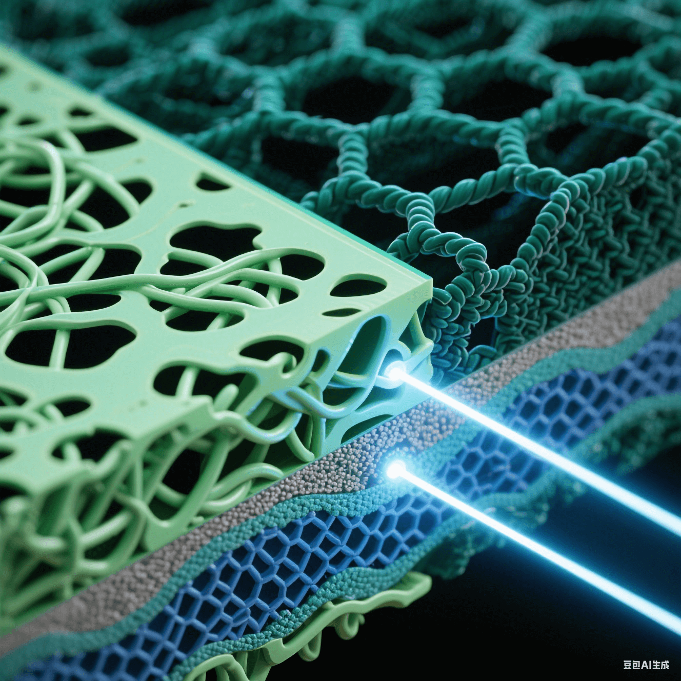 納米級(jí)樹脂剖面藝術(shù)圖：左側(cè)淺綠松散分子鏈含黑色孔隙，右側(cè)墨綠致密交聯(lián)網(wǎng)絡(luò)呈剛性六邊形，青白紫外光束穿透層間