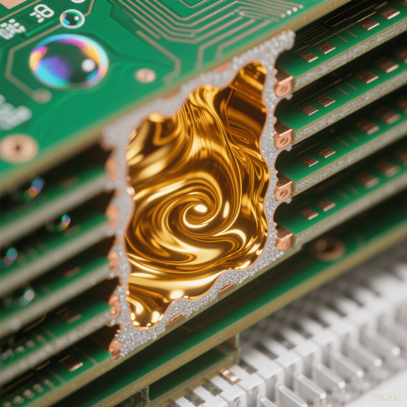 顯微視角下黃金電解液填充HDI板微孔的過程，鏡面銅層沉積于孔壁，多層啞光綠阻焊與古銅導(dǎo)電層交替，呈現(xiàn)高密度互連板的脈沖電鍍填孔先進(jìn)工藝