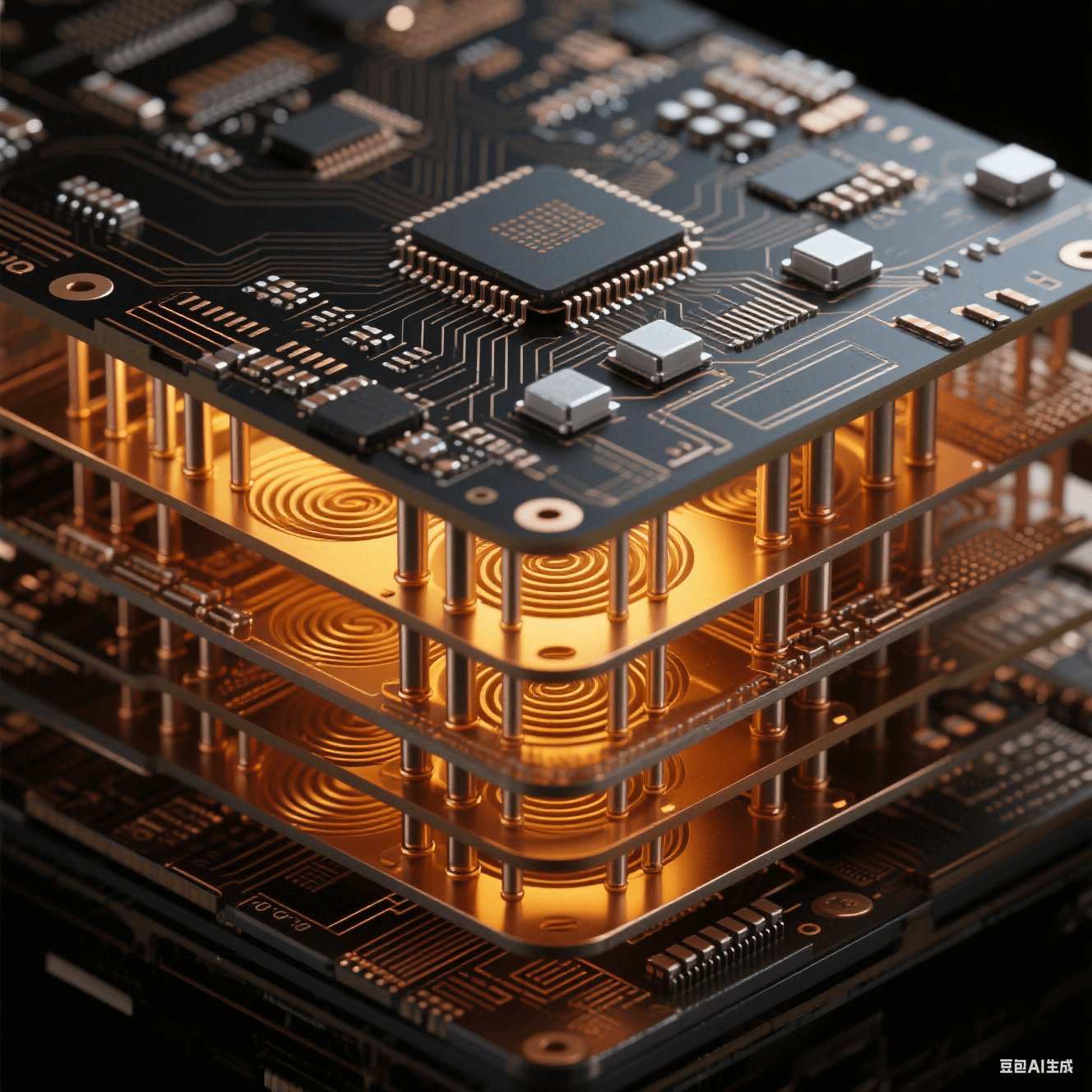 電鏡級(jí)HDI板3D堆疊截面，銀灰陶瓷電容嵌入層間介質(zhì)，螺旋銅孔與散熱銅柱展現(xiàn)2.5D封裝材料界面科學(xué)
