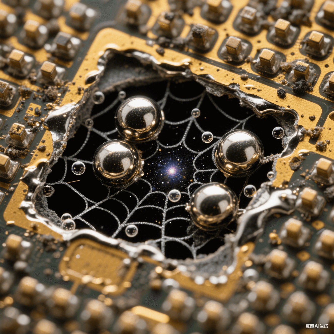 球柵陣列焊點(diǎn)剖開顯露黑色蛛網(wǎng)空洞，錫球內(nèi)氣泡星云狀分布，鍍金焊盤殘留污染物，熔融焊錫鏡面反光深焦透視