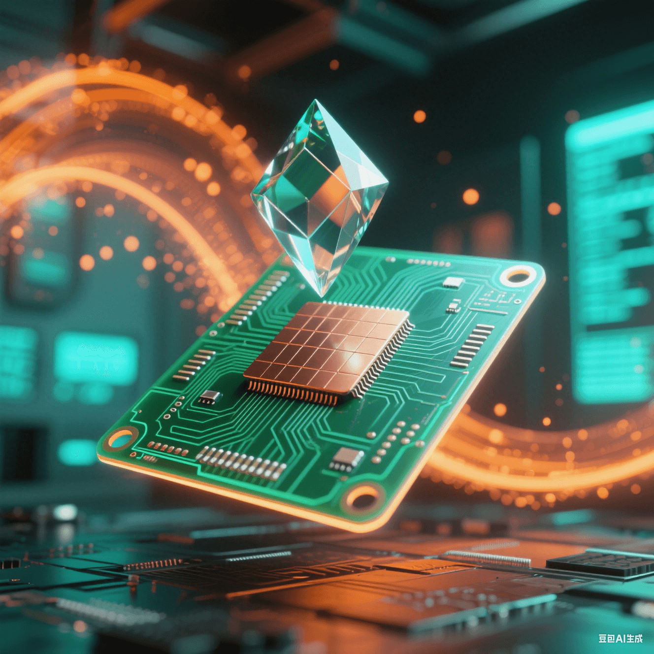 懸浮透綠PCB被激光網(wǎng)格掃描，交匯點(diǎn)凝結(jié)飄浮菱形水晶，銅厚光帶投射陰影，霓虹粒子流抽象數(shù)據(jù)庫青橙光霧彌漫