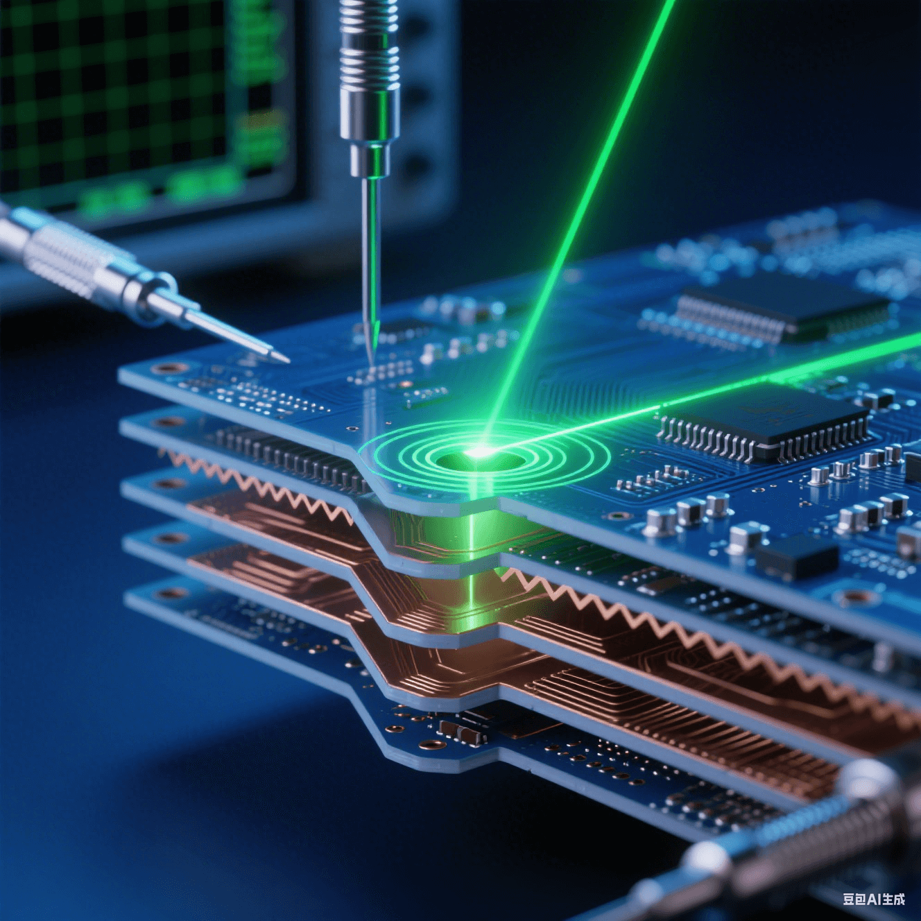 透明多層PCB剖面鋸齒銅層結(jié)構(gòu)，綠色激光在過孔處反射形成漩渦，銀色探針接觸測(cè)試點(diǎn)，鈷藍(lán)背景虛化示波網(wǎng)格
