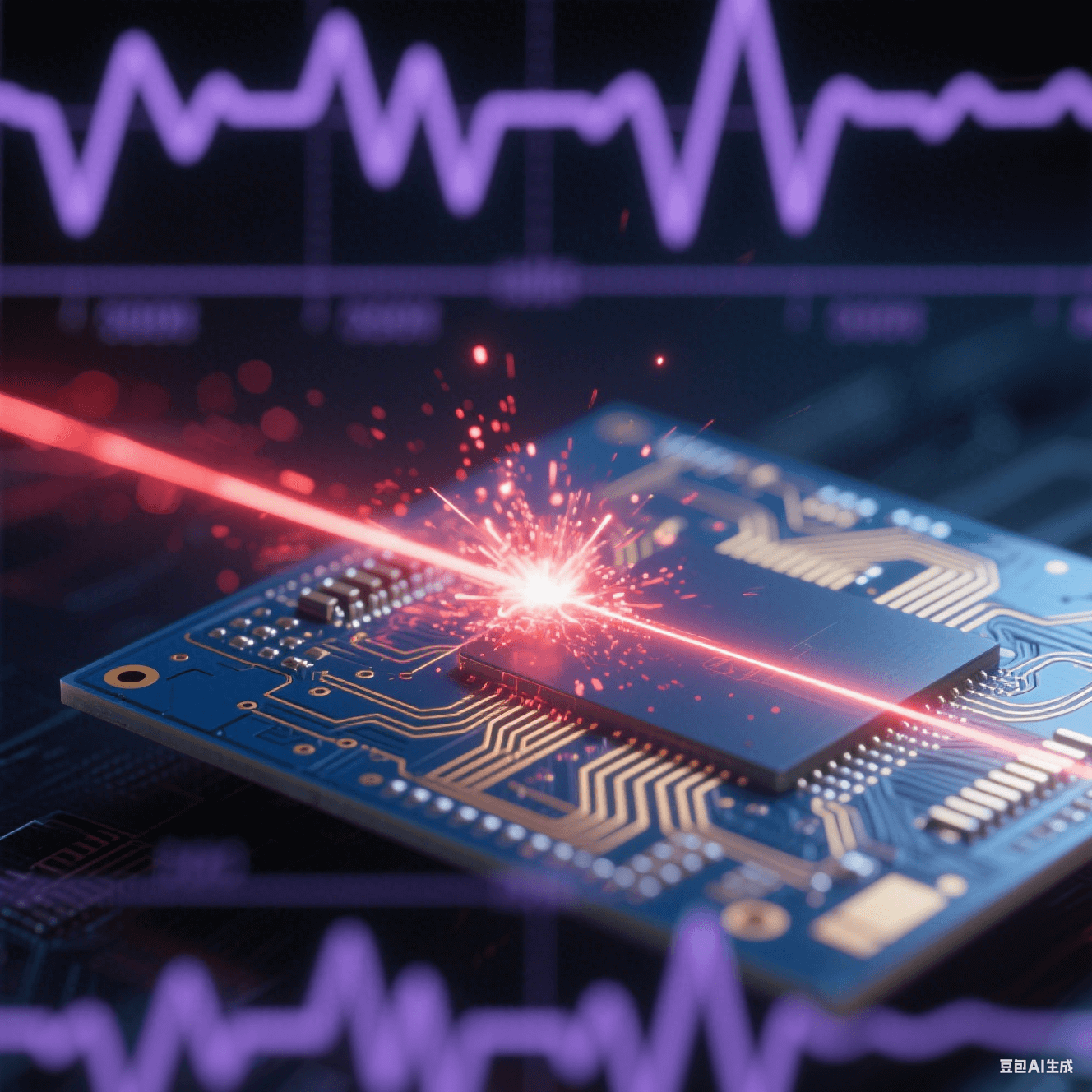 深藍(lán)色PCB上金色電路脈沖激光傳輸，末端爆裂為紅色粒子霧，背景虛化示波器波形與冷紫色工業(yè)激光束，高對(duì)比玻璃纖維紋理微觀呈現(xiàn)