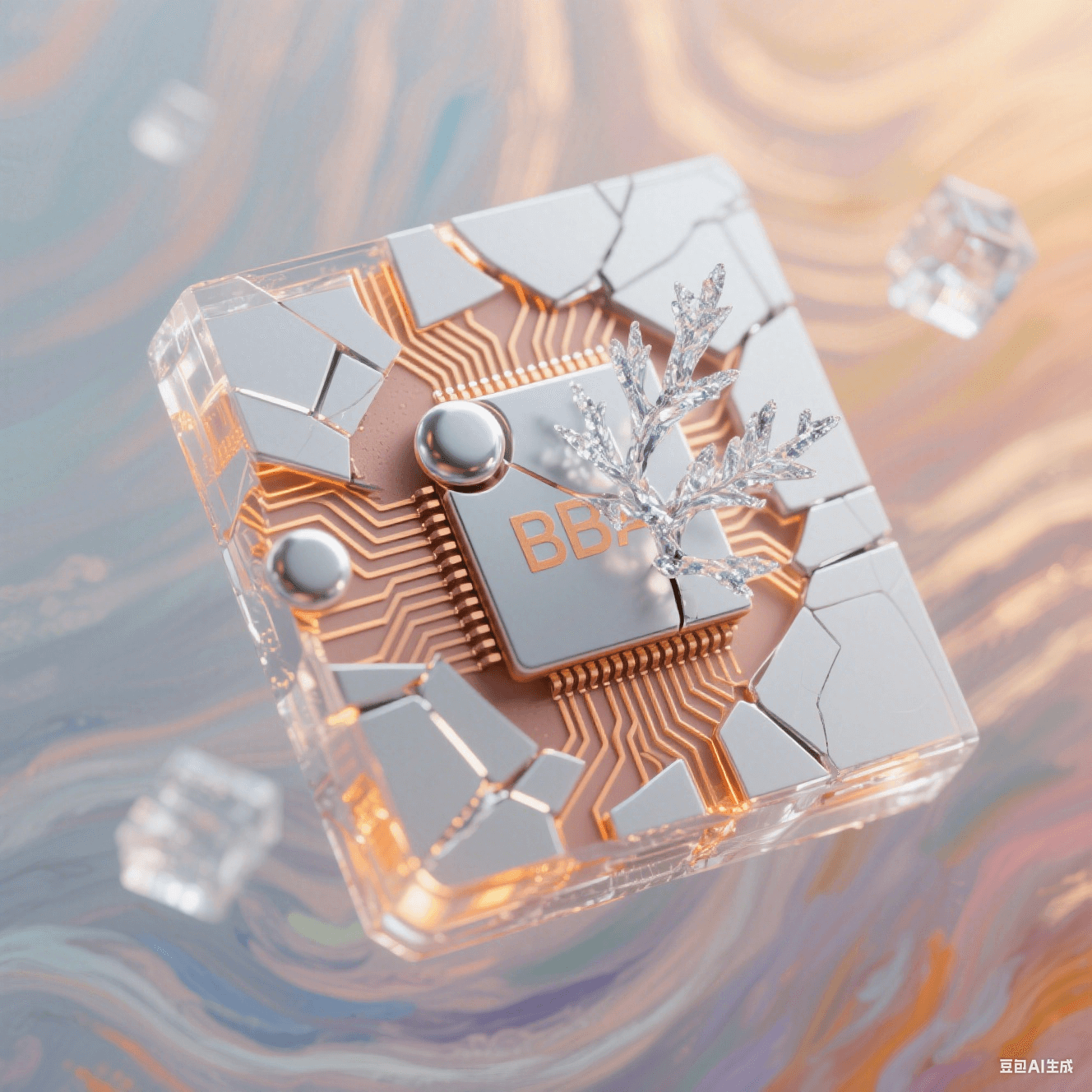 銀白色 BGA 焊球裂痕內(nèi)生長(zhǎng)冰晶錫枝，暖橙光霧暈染邊緣，漸變背景呈莫奈風(fēng)格，半透明幾何體與光絲矩陣構(gòu)成的幾何解構(gòu)畫面