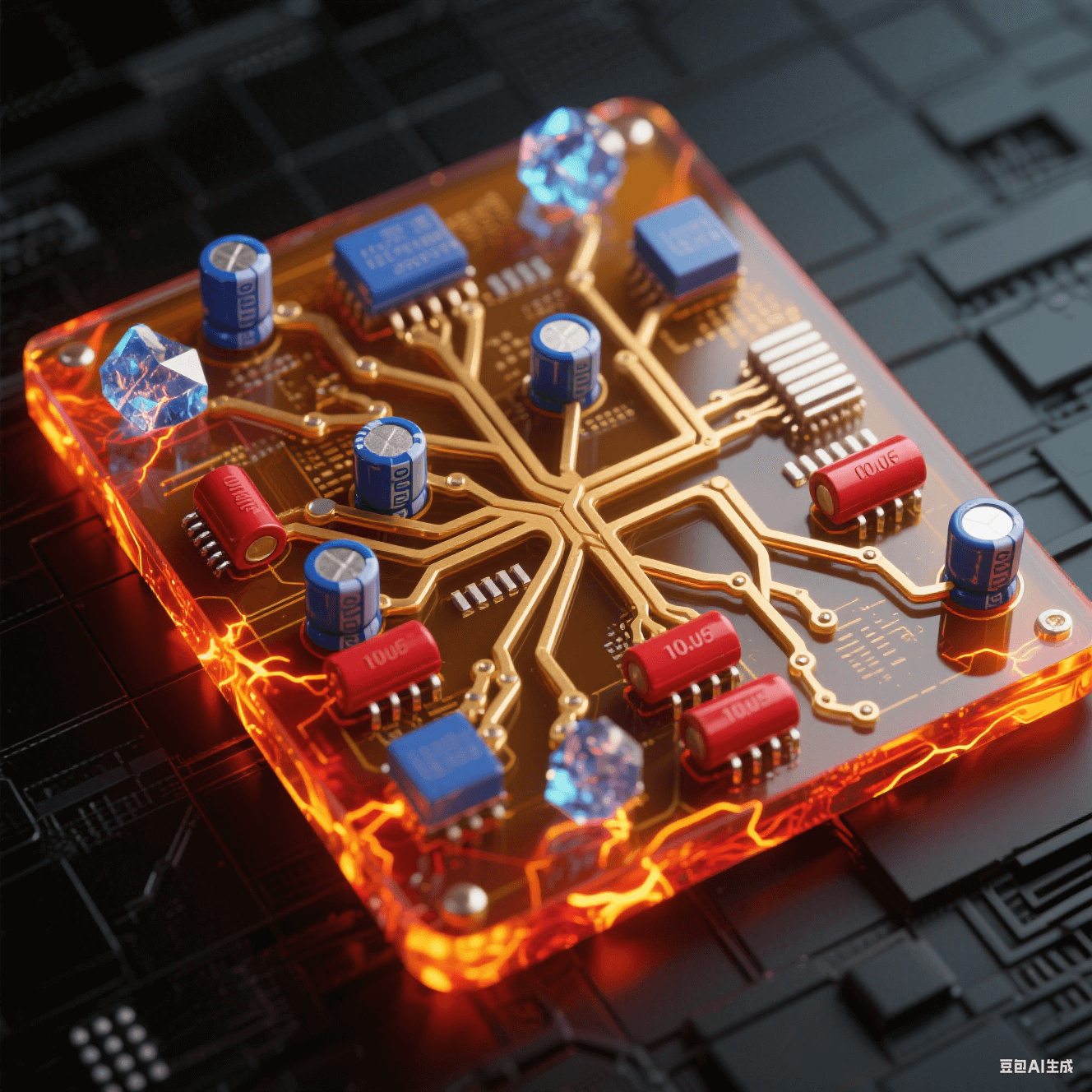 琥珀色透明基板上錯(cuò)綜電源樹(shù)突網(wǎng)絡(luò)，厚鍍金主干道泛熔融橙紅光，鈷藍(lán)陶瓷電容群跳電弧光，猩紅電解電容蕩漾熱能波紋，磨砂黑底板浮現(xiàn)金網(wǎng)格