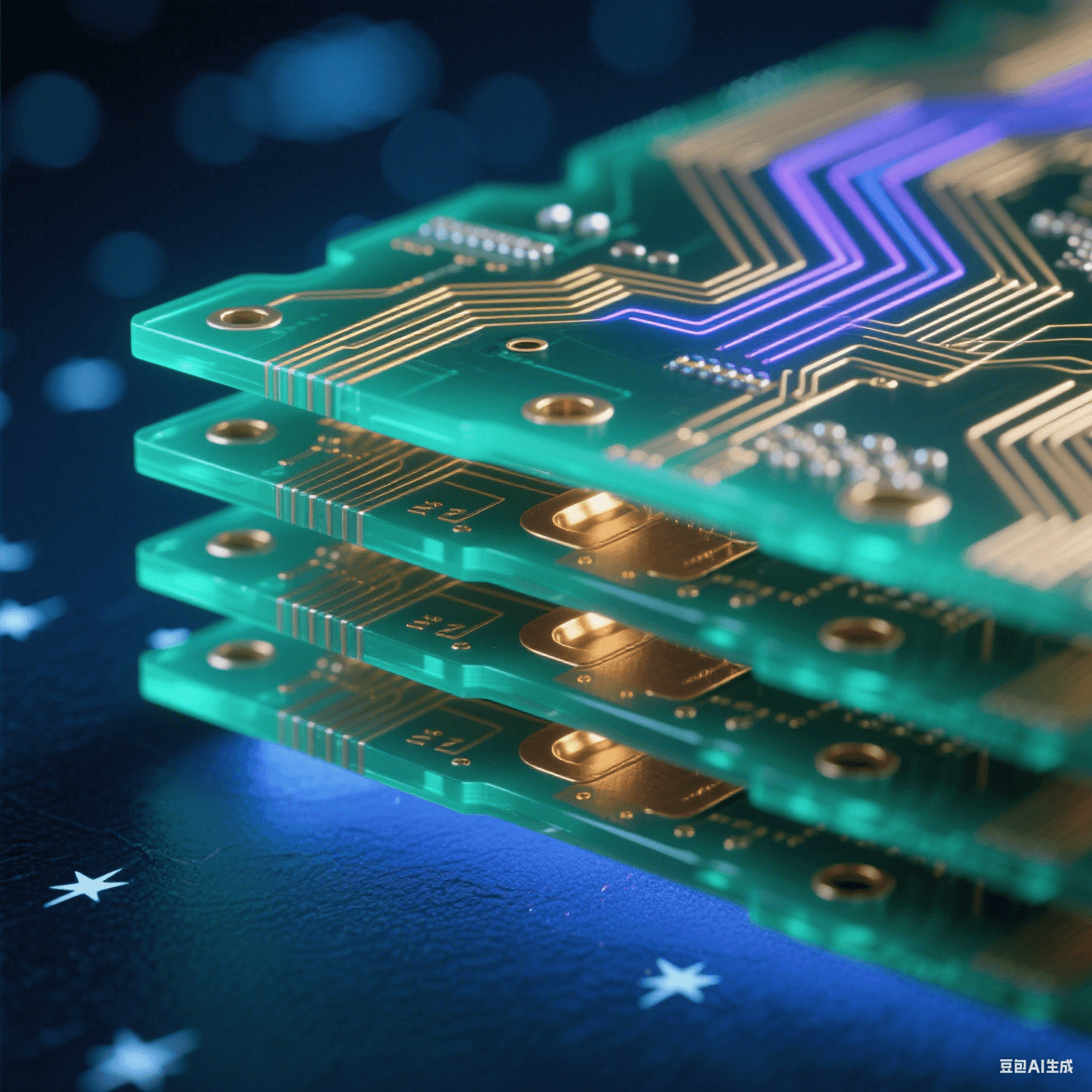 多層電路板剖面透視圖：翡翠綠半透明基材中嵌入黃金銅箔走線，表面流動(dòng)藍(lán)紫色光軌，深藍(lán)地平面泛光暈，冷白星點(diǎn)懸浮背景，啞光過(guò)孔陣列貫穿層間