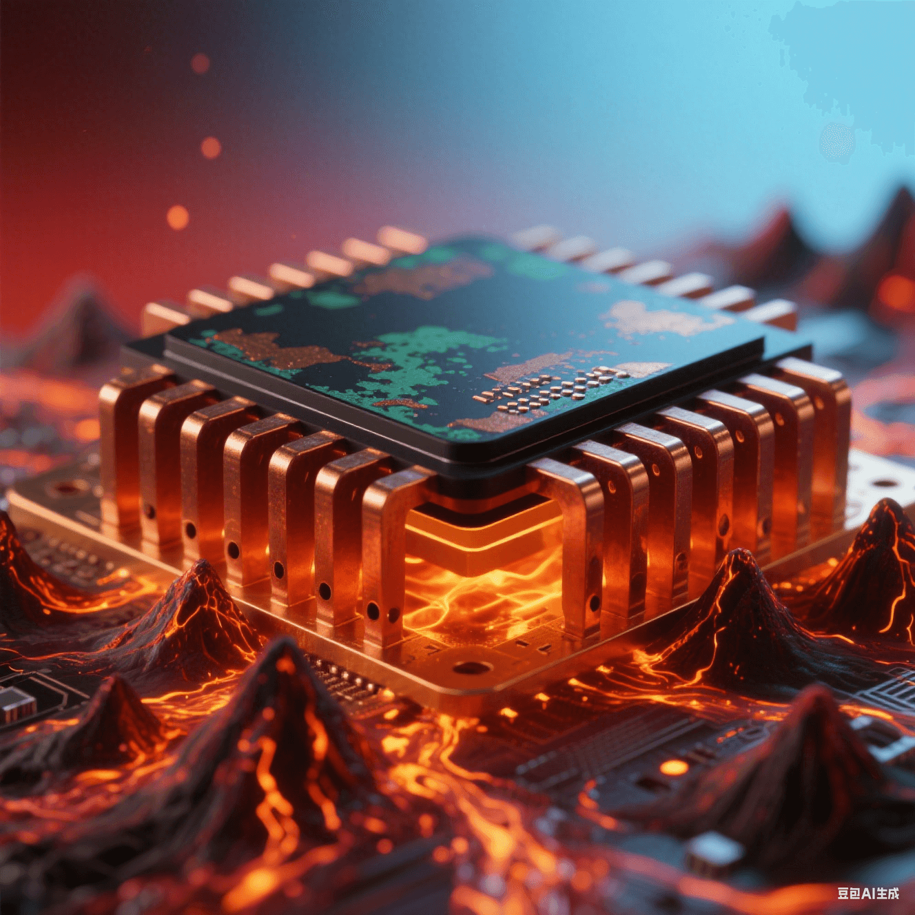 陶瓷黑芯片底部延伸赤銅散熱片，密集火山狀散熱孔噴發(fā)橙紅粒子流，熔金液態(tài)銅箔蒸騰熱浪，氧化銅綠斑與金屬反光在紅藍(lán)漸變背景中交織