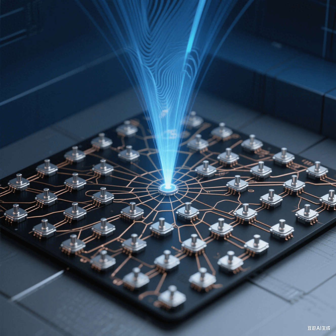 俯視視角的 5G 基站陣列，256 個銀色金屬觸點呈蜂巢矩陣排布，微米級銅線交織，漸變藍光束狀毫米波信號形成干涉波紋，背景深空藍與霧灰色模擬信號穿墻衰減