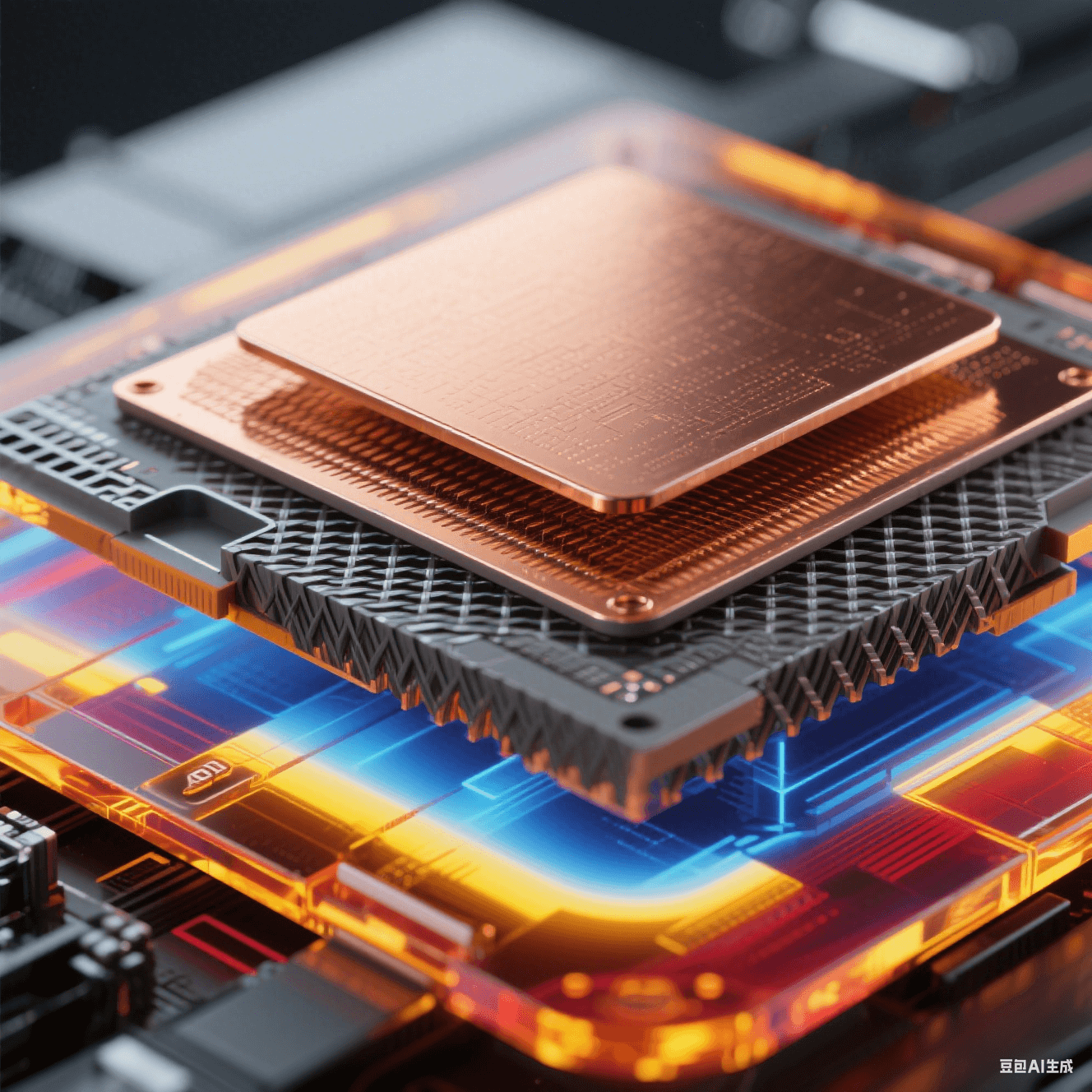 爆炸式解構視圖展示材料創(chuàng)新，中心 ALD 超薄銅膜（<50nm）呈分子級紋理，中層 BT 樹脂顯玻璃纖維結構，外層 LCP 材料帶透明琥珀光澤，邊緣有藍紅黃紅外熱成像色斑
