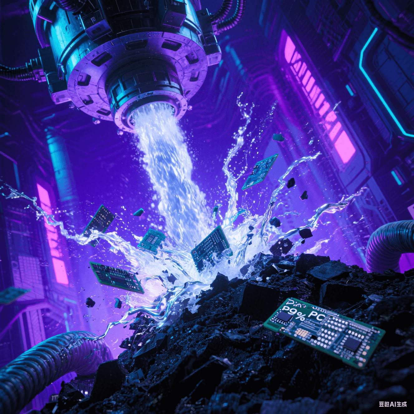  超臨界水解反應器：高壓水流撕裂PCB，99%純度玻纖（銀色絲束）與黑色碳渣分離 