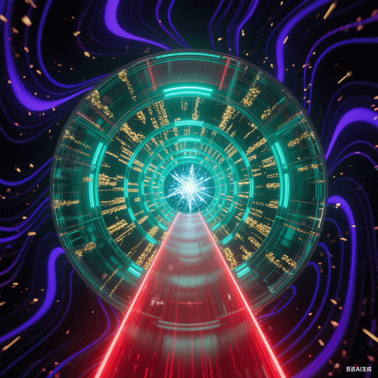 透明隧道壁嵌自旋金粒子陣列，外部紫黑波紋撞擊濺射靛藍(lán)漣漪，中央猩紅光束直線疾馳，壁面折射無限延伸的熒光綠遞歸結(jié)構(gòu)