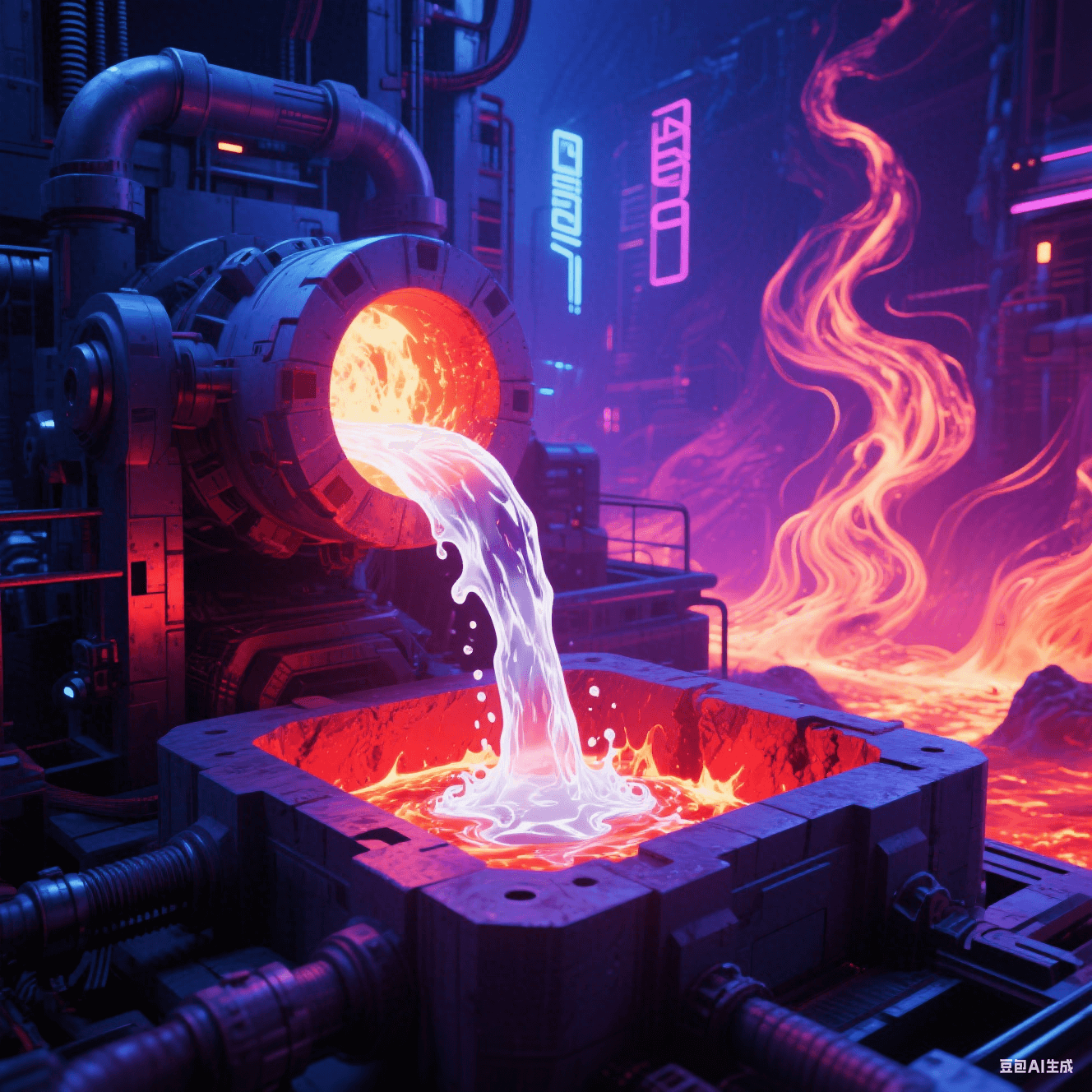 玻璃纖維熔爐：1400℃熾白巖漿狀玻液流入暗紅模具，背景扭曲熱浪  