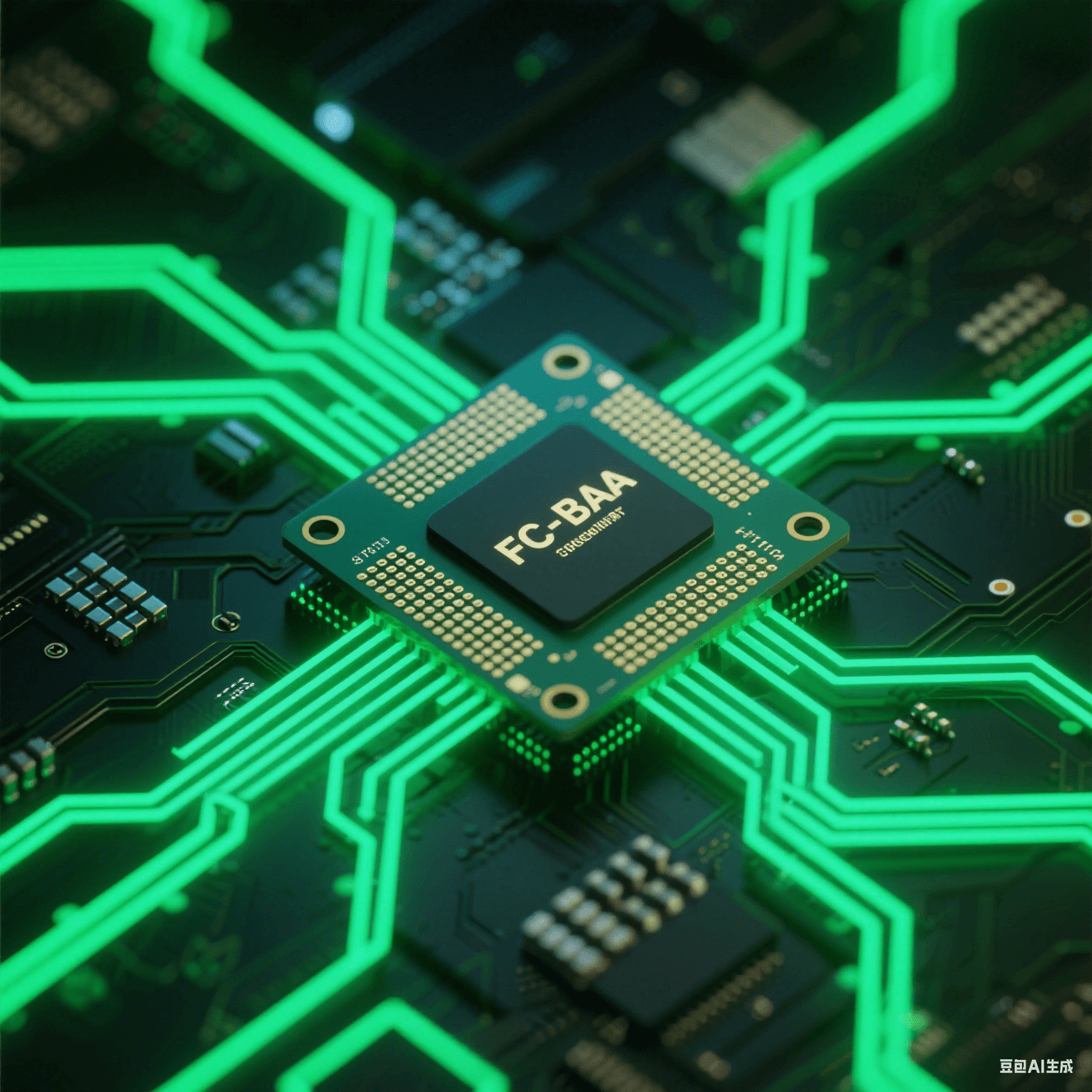 FC-BGA 基板與新型電路板集成特寫：兩者緊密連接，線路交錯(cuò)有序，新型電路板外觀獨(dú)特，在綠色科技光線下，展現(xiàn)集成的創(chuàng)新性與科技感。